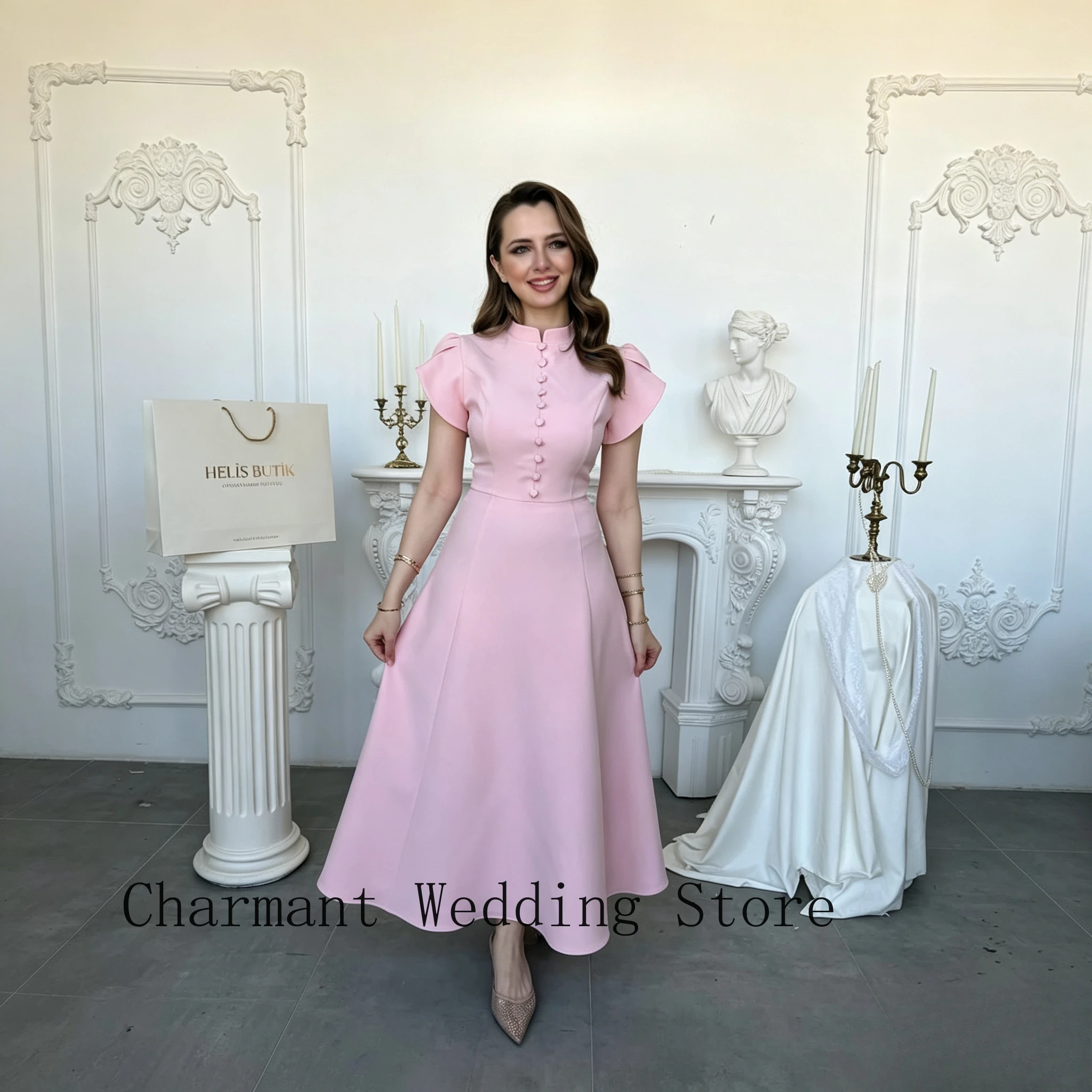 Pink Formal Modest Dress with High Neck, Button Front, Puffed Short Sleeves and A-Line Midi Skirt for Bridesmaids, Tea Parties
Pink Formal Modest Dress with High Neck, Button Front, Puffed Short Sleeves and A-Line Midi Skirt for Bridesmaids, Tea Parties