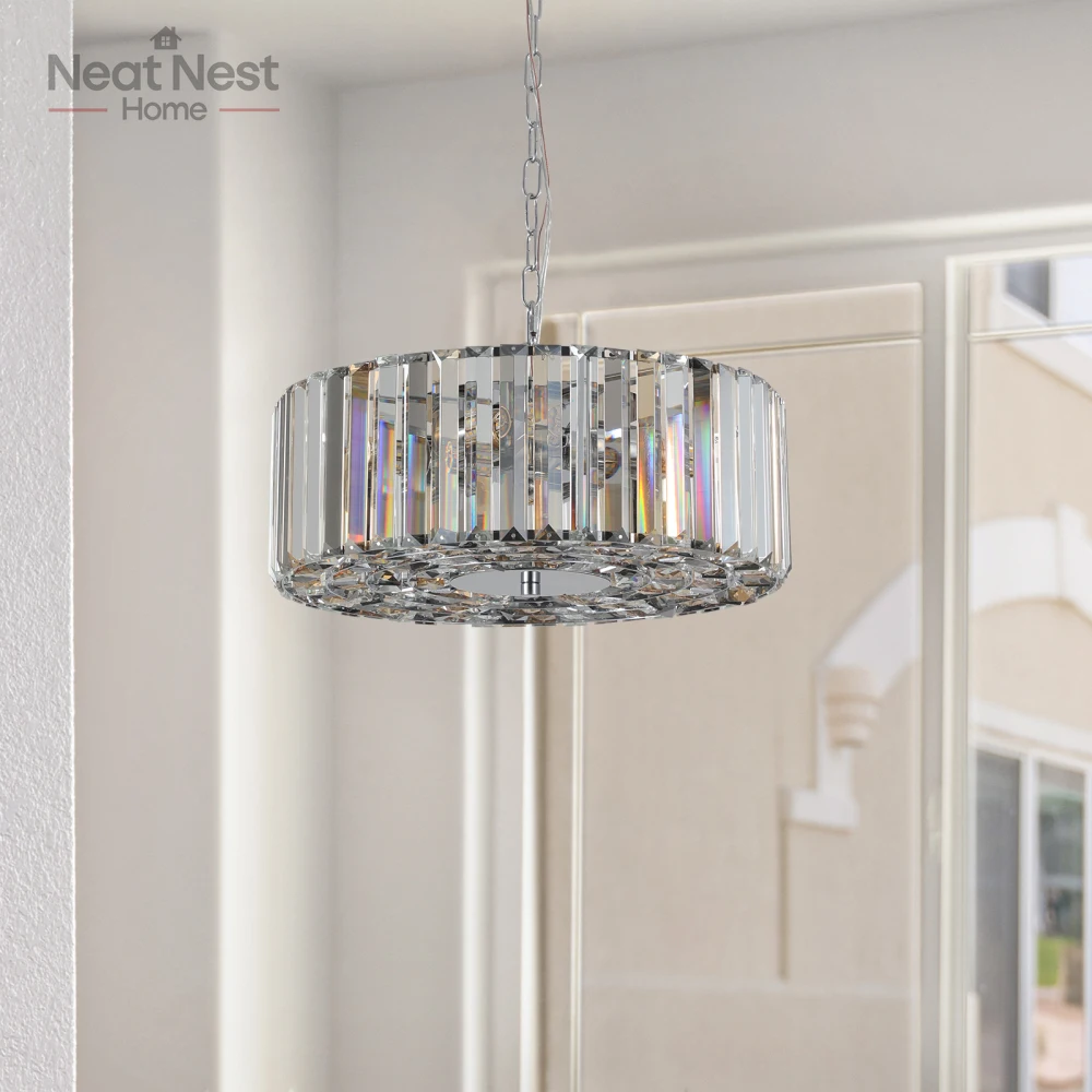 Chrome Crystal Pendant Chandelier, Modern Hanging Light Fixture with Adjustable Height, 4-Light E26 Base,for Family (No Bulbs)
Chrome Crystal Pendant Chandelier, Modern Hanging Light Fixture with Adjustable Height, 4-Light E26 Base,for Family (No Bulbs)