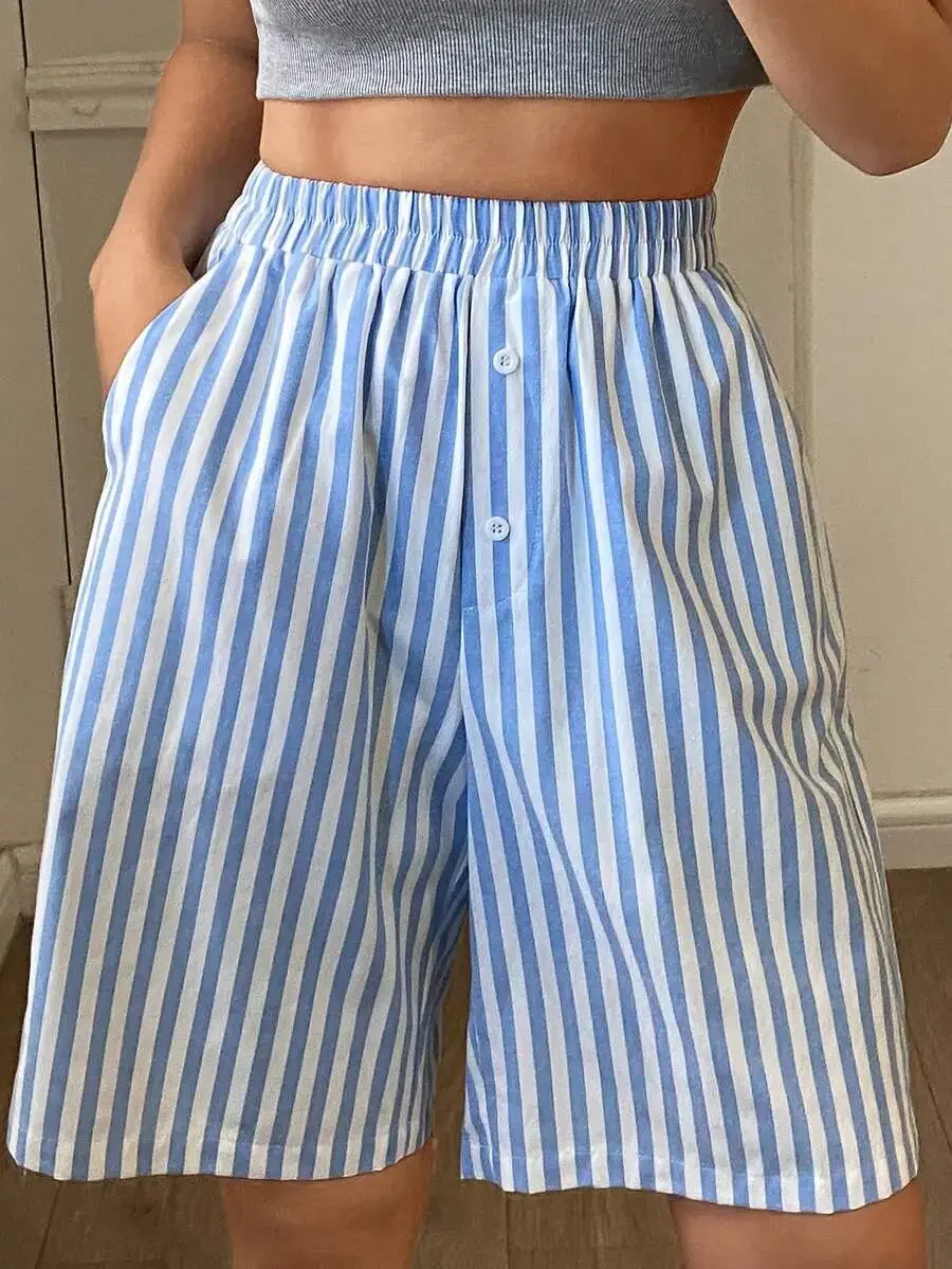 Womens Striped Loose Button Fly Shorts For Summer
Womens Striped Loose Button Fly Shorts For Summer