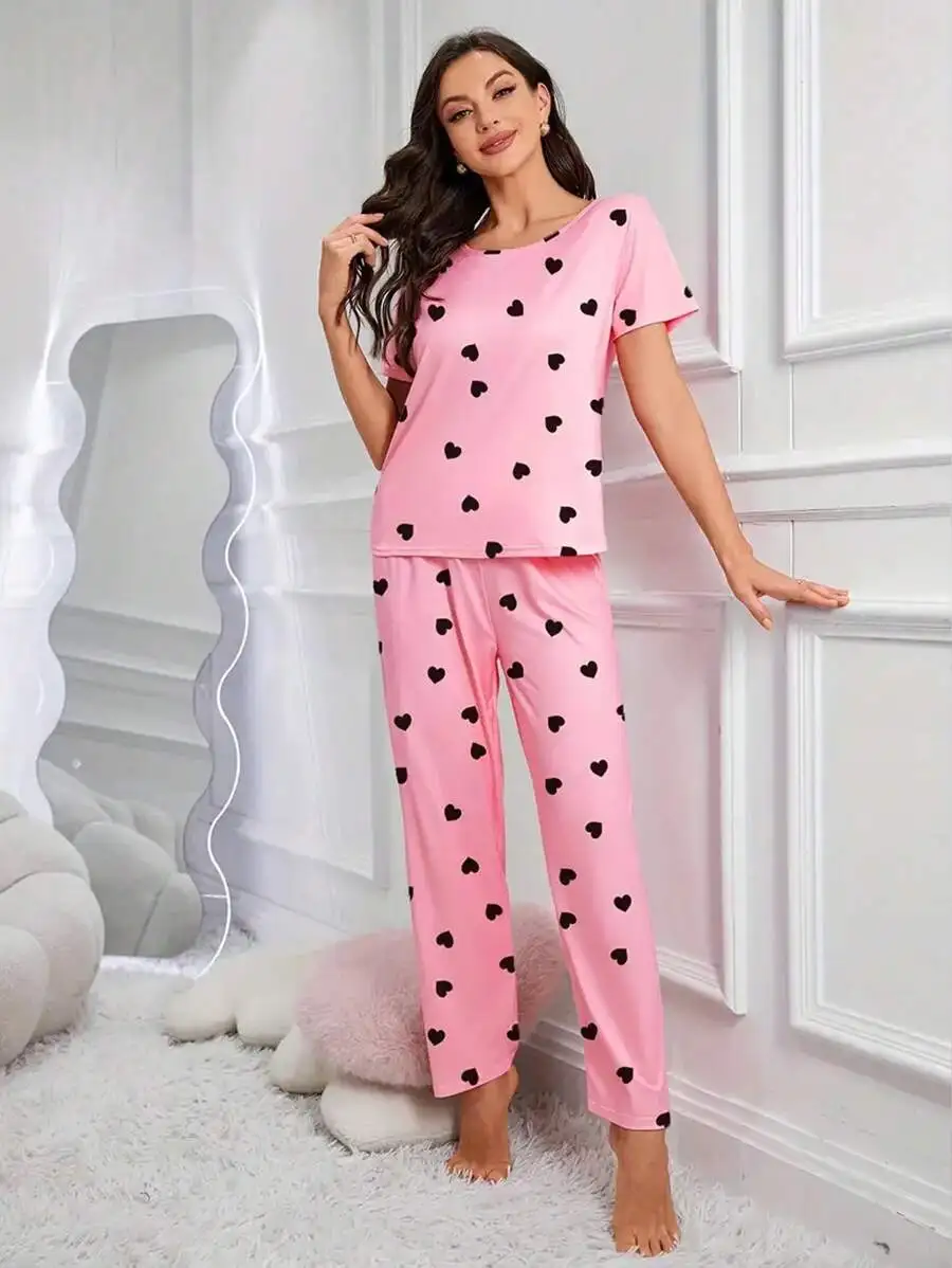 Women Pink Heart Print Crew Neck Short Sleeve Pajama Set With Long Pants
Women Pink Heart Print Crew Neck Short Sleeve Pajama Set With Long Pants