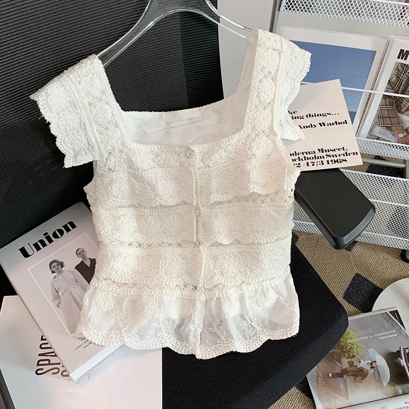 New square neck ruffle sleeveless embroidered lace vest with hollowed out fashion collarbone top
New square neck ruffle sleeveless embroidered lace vest with hollowed out fashion collarbone top