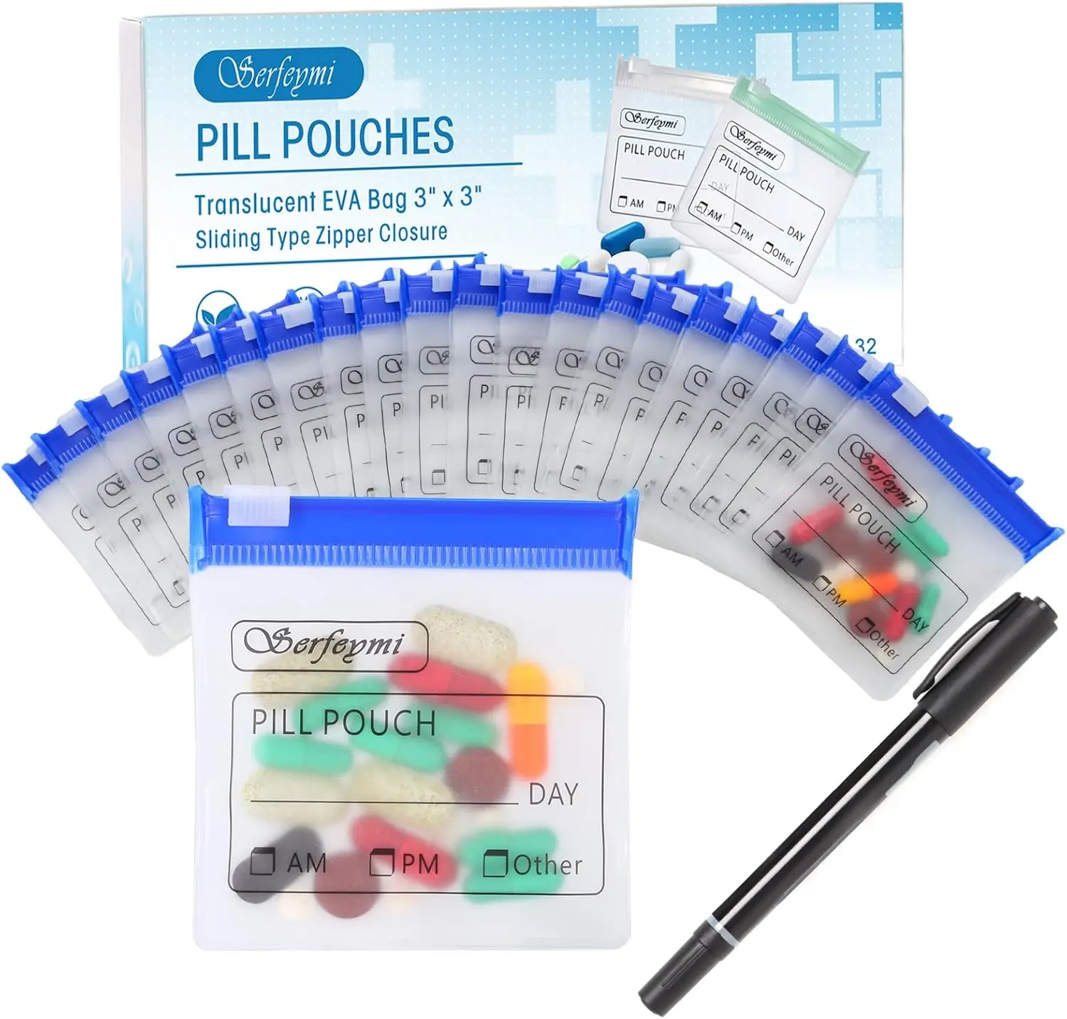 32 Pcs Reusable Pill Pouches for Travel, 3x3 Inches, Translucent Zippered Bags with Slide Lock & Writable Label, Marker Included
32 Pcs Reusable Pill Pouches for Travel, 3x3 Inches, Translucent Zippered Bags with Slide Lock & Writable Label, Marker Included