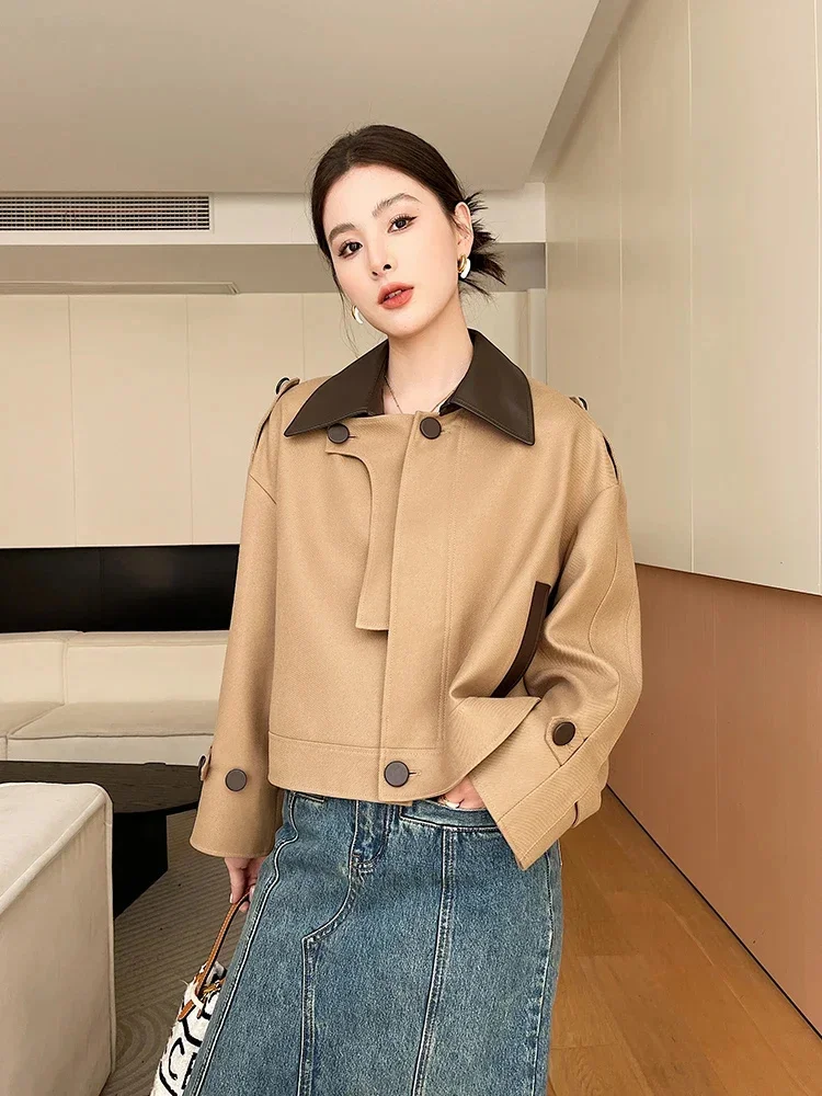 Trench Cropped Coat for Women Spring Autumn 2024 Trend Genuine Leather Lapel Design High-end Khaki Windbreaker Jacket
Trench Cropped Coat for Women Spring Autumn 2024 Trend Genuine Leather Lapel Design High-end Khaki Windbreaker Jacket