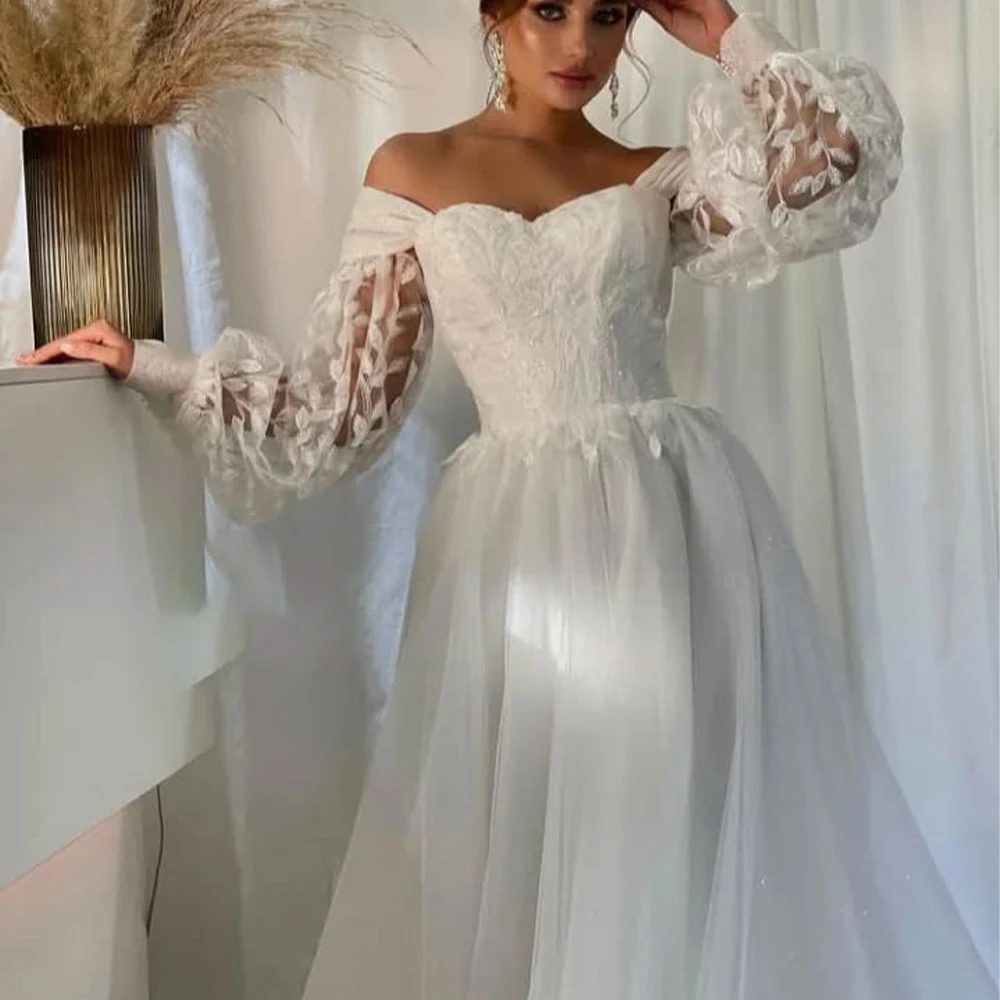 Modern Evening Dresses Off Shoulder Illusion Long Sleeve Brides Dress Appliques Sequined A-Line Arabic Bridal Gown Customized
Modern Evening Dresses Off Shoulder Illusion Long Sleeve Brides Dress Appliques Sequined A-Line Arabic Bridal Gown Customized