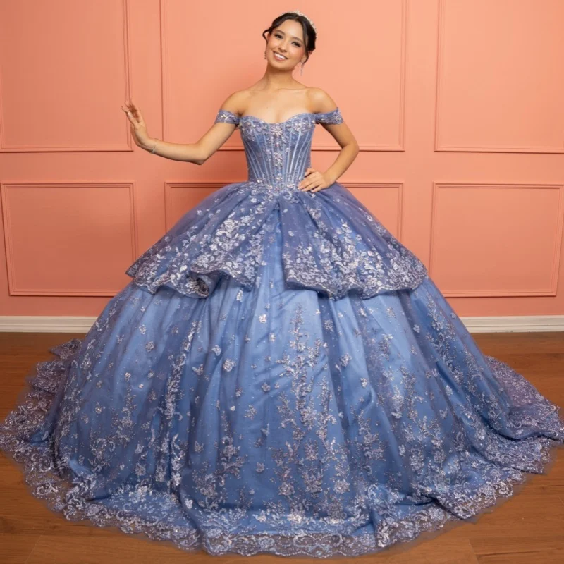 Blue Quinceanera Dress off-shoulder Crystal Silver Sequins Decal Layering Long tail vestidos de 15 Quinceanera Customize
Blue Quinceanera Dress off-shoulder Crystal Silver Sequins Decal Layering Long tail vestidos de 15 Quinceanera Customize