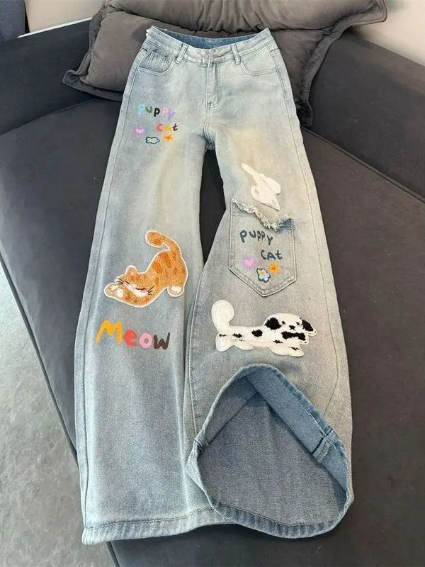 High Waist Straight Leg Denim Jeans Women's Loose Wide Leg Floor Length Pants Patchwork Embroidery American Retro Dog Pattern
High Waist Straight Leg Denim Jeans Women's Loose Wide Leg Floor Length Pants Patchwork Embroidery American Retro Dog Pattern