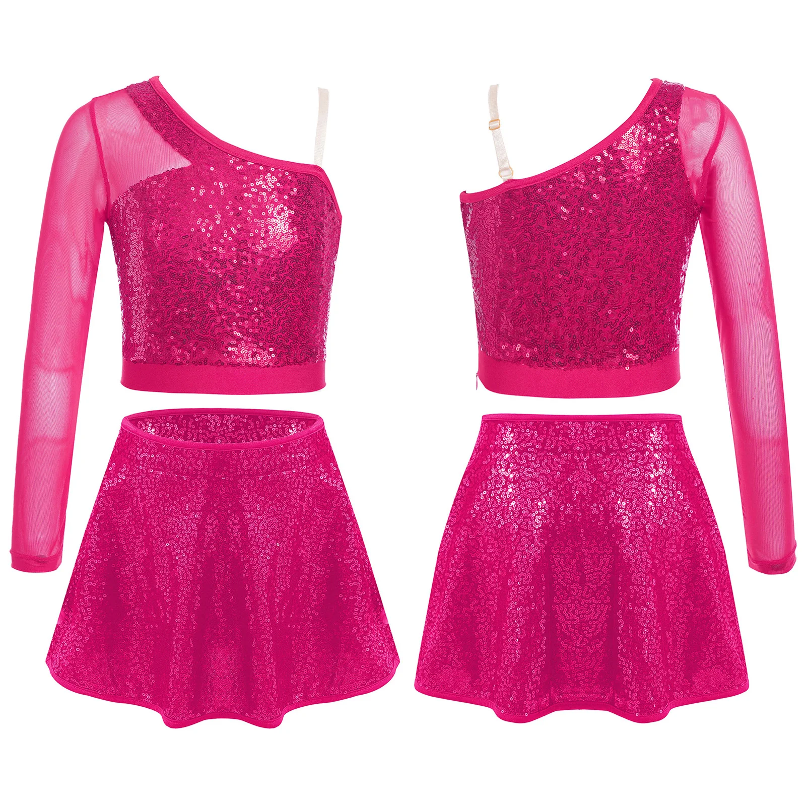 Girls Jazz Latin Ballet Dance Costume Sheer Mesh Long Sleeve One Shoulder Side Zipper Crop Top with Shiny Sequins Adorned Skirt 
Girls Jazz Latin Ballet Dance Costume Sheer Mesh Long Sleeve One Shoulder Side Zipper Crop Top with Shiny Sequins Adorned Skirt