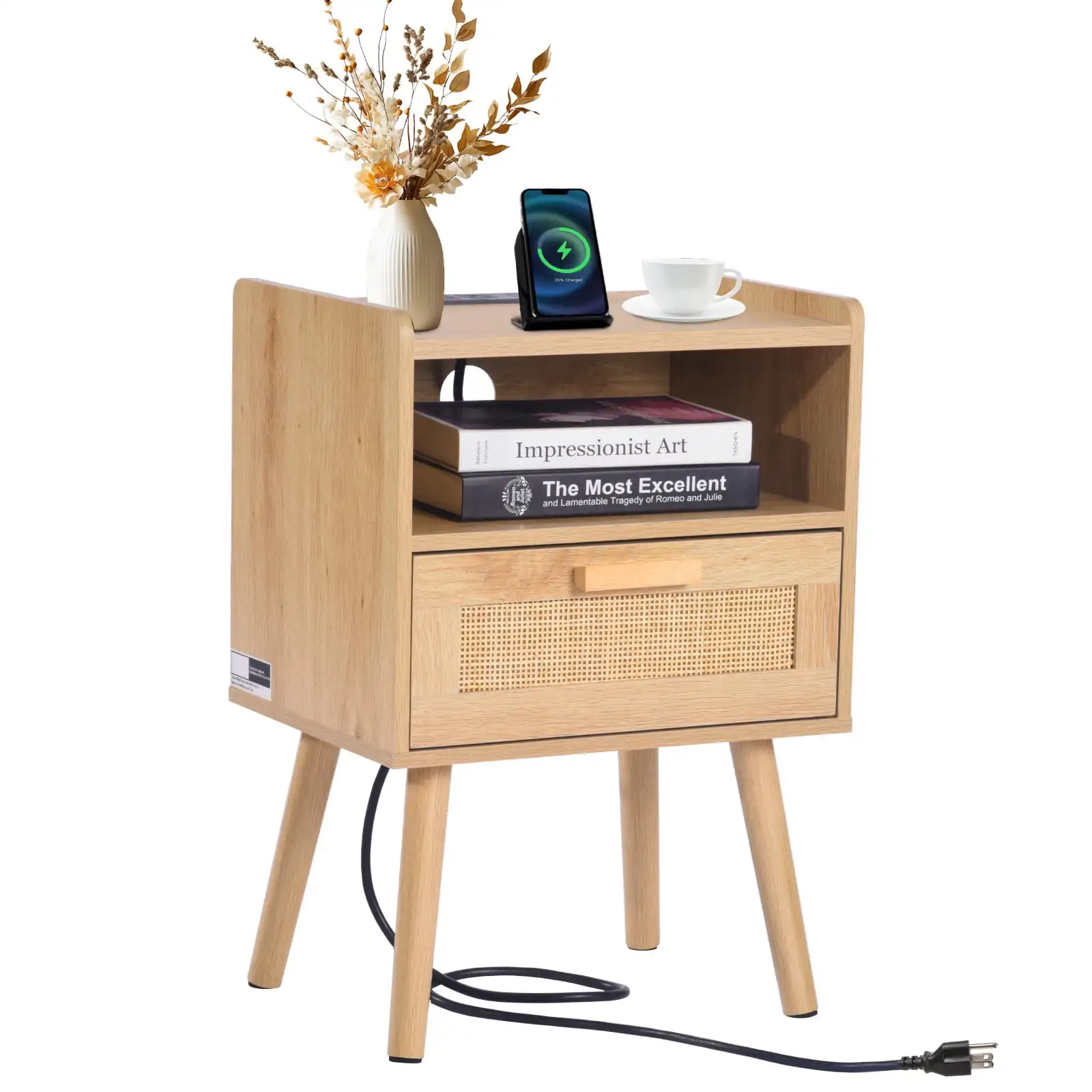 Chic Bedside Stand with Drawer and Open Shelf, Wooden End Table with Sturdy Wood Legs, Wicker Accent Table with Power Outlet
Chic Bedside Stand with Drawer and Open Shelf, Wooden End Table with Sturdy Wood Legs, Wicker Accent Table with Power Outlet