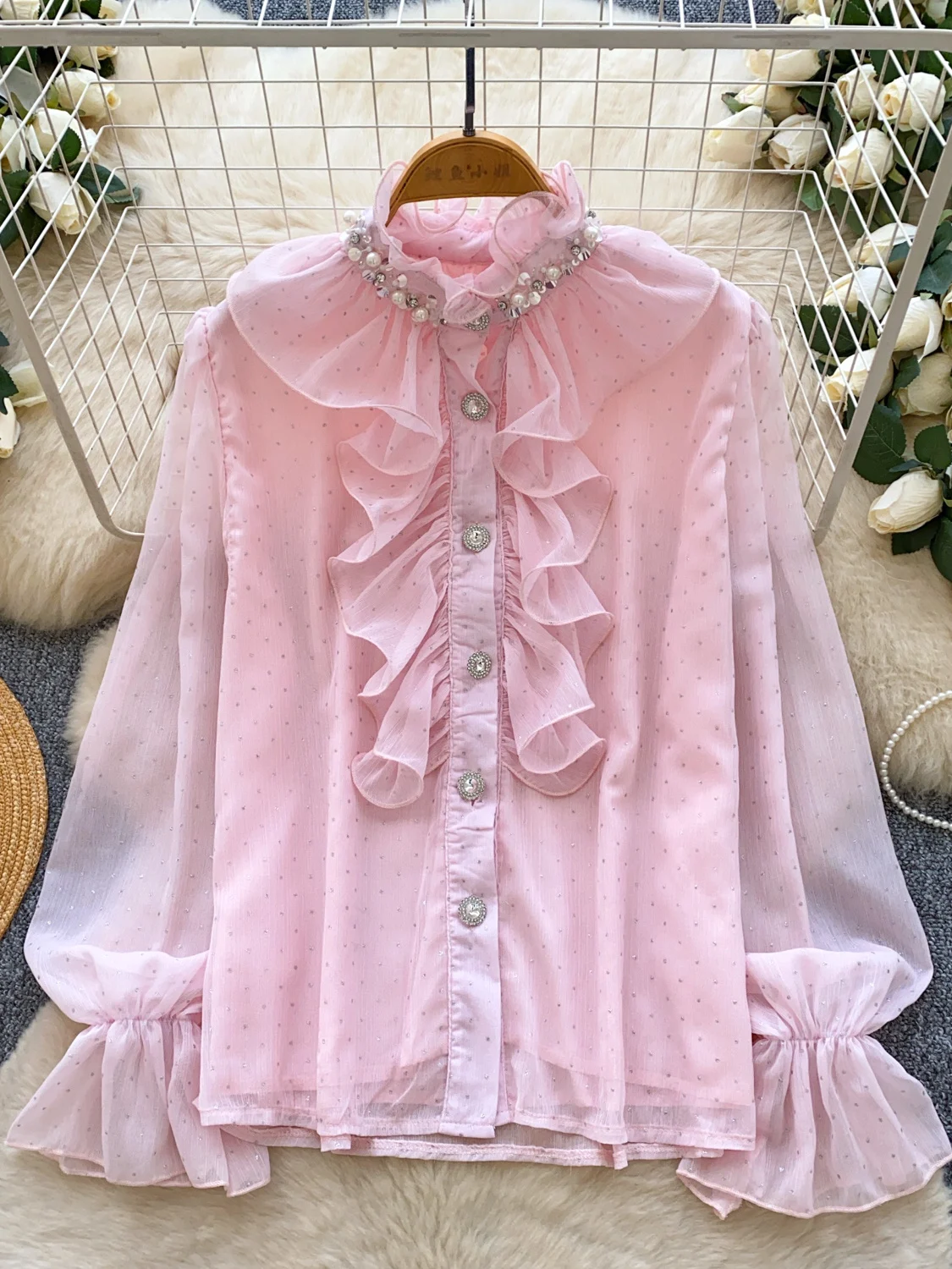 Sweet Style Heavy Embellished Diamond Ruffle Collar Women's Shirt Commute High-End Sensation Youthful Atmosphere Blouse
Sweet Style Heavy Embellished Diamond Ruffle Collar Women's Shirt Commute High-End Sensation Youthful Atmosphere Blouse