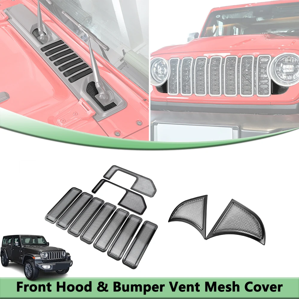 11PCS Front Grille Bumper Hood Vent Wiper Base Mesh Guard Dust Cover for Jeep Wrangler JL Gladiator JT 2024-2026 Car Accessories
11PCS Front Grille Bumper Hood Vent Wiper Base Mesh Guard Dust Cover for Jeep Wrangler JL Gladiator JT 2024-2026 Car Accessories