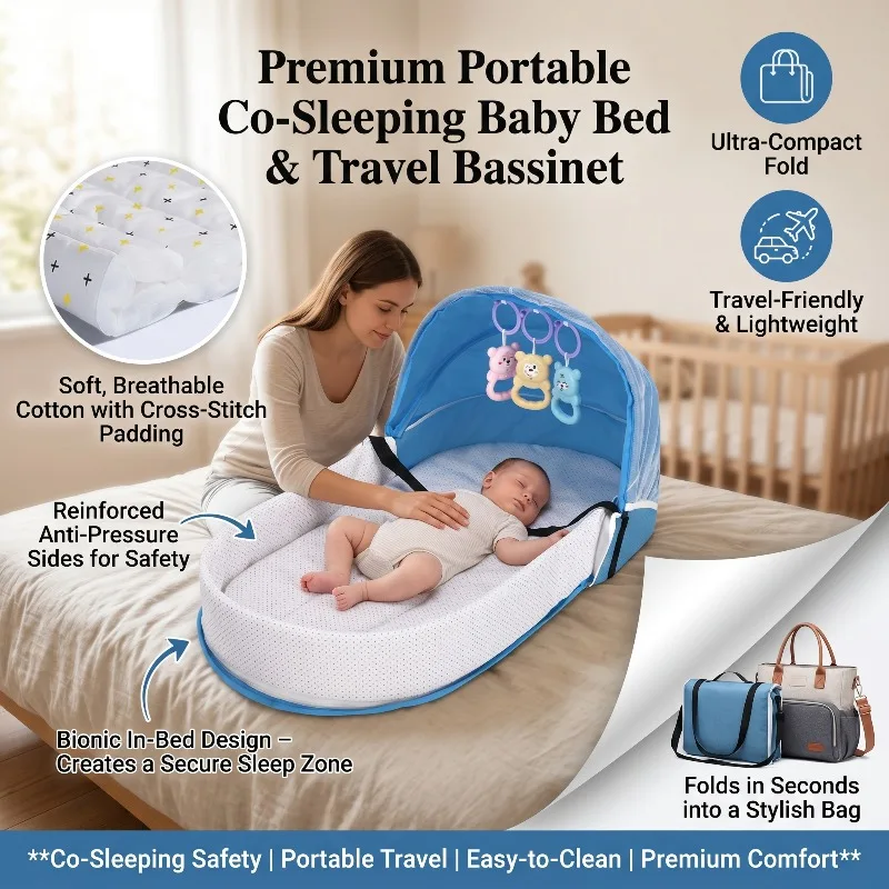 Portable Folding Anti Pressure Baby Crib Infant Baby Bed with Net and Awning Baby Nest for Newborn Travel and Camping
Portable Folding Anti Pressure Baby Crib Infant Baby Bed with Net and Awning Baby Nest for Newborn Travel and Camping