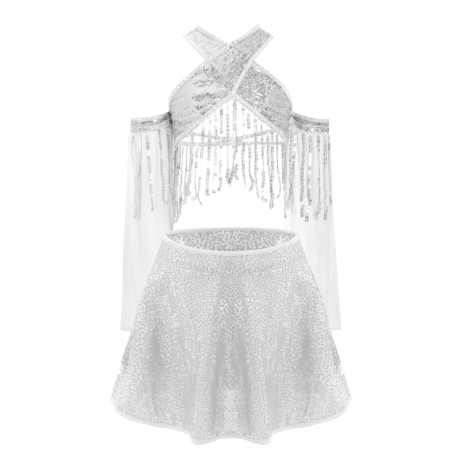 Kids Girls Jazz Dance Set Shimmering Sequined Skirt with Mesh Crop Flared Sleeves Crop Top Dancewear for Competition Carnival
Kids Girls Jazz Dance Set Shimmering Sequined Skirt with Mesh Crop Flared Sleeves Crop Top Dancewear for Competition Carnival
