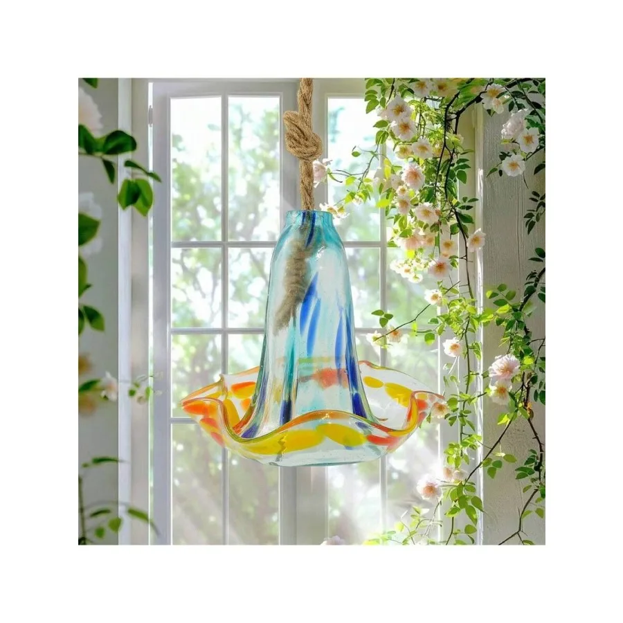 【New Arrival】Colorful Hand-Blown Glass Hanging Bird Feeder, Decorative Flower Shaped Birdbath with Rope Hanger, Outdoor Garden Bird Feeder for Wild Birds
【New Arrival】Colorful Hand-Blown Glass Hanging Bird Feeder, Decorative Flower Shaped Birdbath with Rope Hanger, Outdoor Garden Bird Feeder for Wild Birds