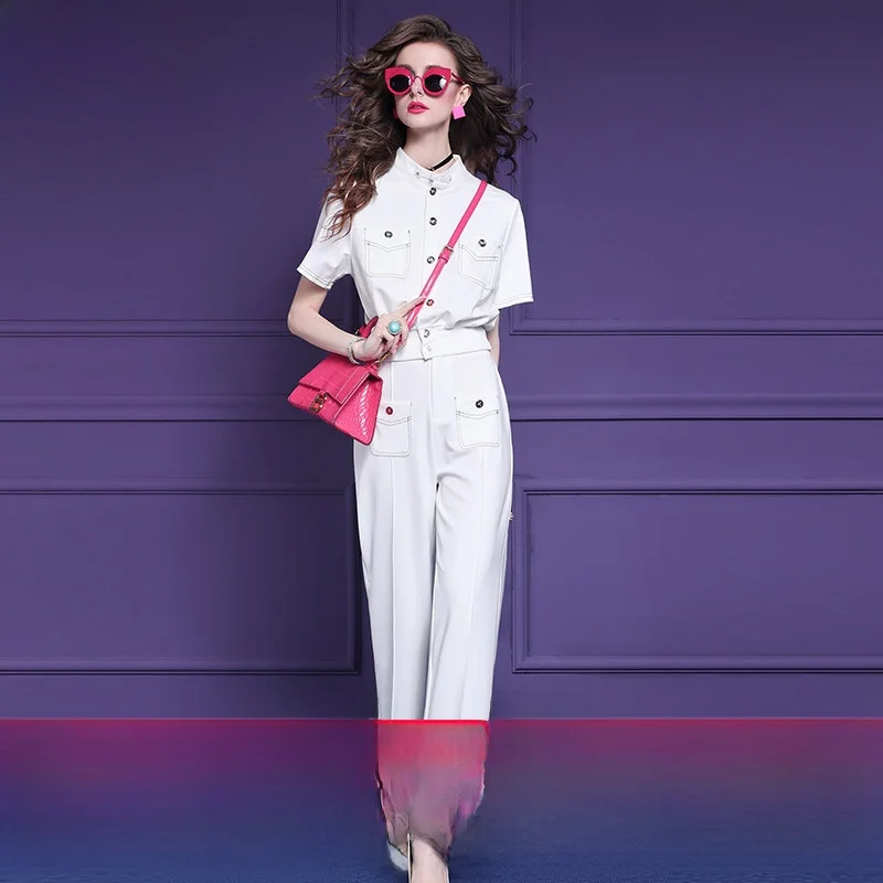Fashionable White Workwear Set Women's Summer Design Stand Collar Stylish Top And Pants Two Piece Set Cotton Polyester Spandex
Fashionable White Workwear Set Women's Summer Design Stand Collar Stylish Top And Pants Two Piece Set Cotton Polyester Spandex