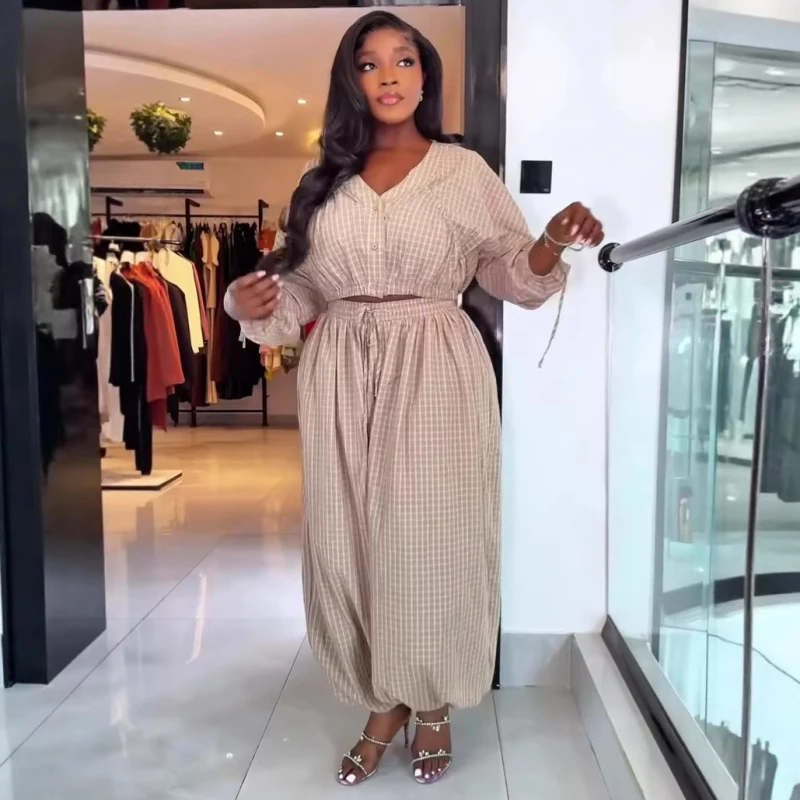 New African Fashion Women Casual Plaid Two Piece Set Full Sleeve V Neck Shirt Top And Pants Set
New African Fashion Women Casual Plaid Two Piece Set Full Sleeve V Neck Shirt Top And Pants Set