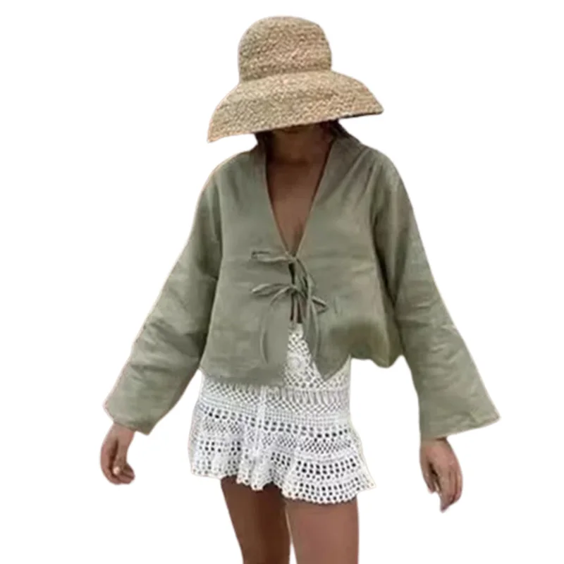 Green Cotton Linen Lace Up Long Sleeve Blouse For Women Fashion Chic Casual Loose V Neck Shirt 2024 Spring Female Tops
Green Cotton Linen Lace Up Long Sleeve Blouse For Women Fashion Chic Casual Loose V Neck Shirt 2024 Spring Female Tops