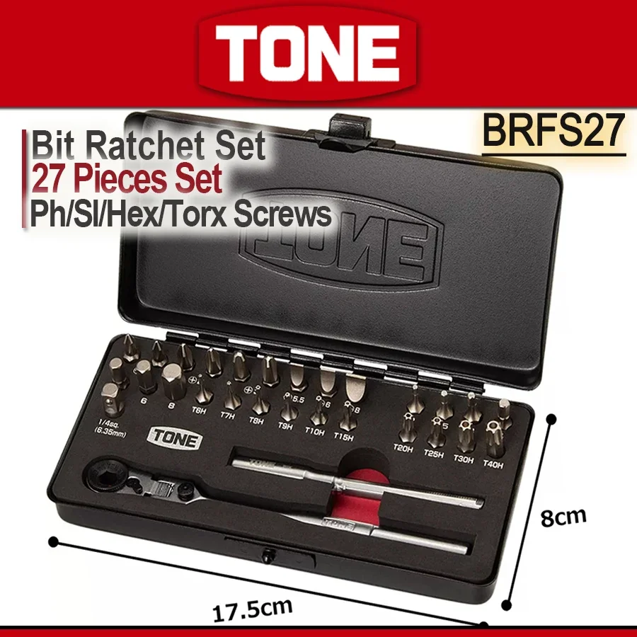 TONE 27 Pieces Bit Ratchet Set 1/4'' (6.35 mm) Screwdriver Bit Set for Auto Repairing and Household with Storage Case BRFS27
TONE 27 Pieces Bit Ratchet Set 1/4'' (6.35 mm) Screwdriver Bit Set for Auto Repairing and Household with Storage Case BRFS27