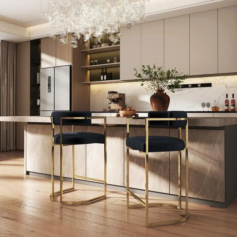 Seat Height Velvet Bar Stools Set of 2, Counter Height Bar Stools with Gold Metal Frame and Footrest, Upholstered Barrel Barsto
Seat Height Velvet Bar Stools Set of 2, Counter Height Bar Stools with Gold Metal Frame and Footrest, Upholstered Barrel Barsto