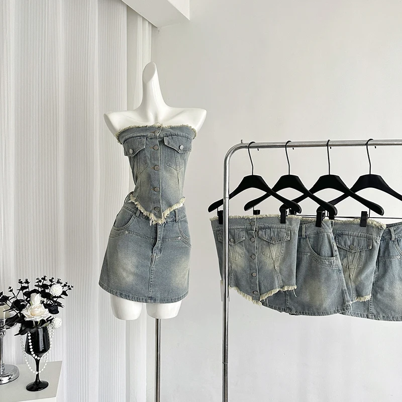 Streetwear Retro Denim Two Piece Sets Women Korean Y2K Slim Raw Edges Tops Female Summer Solid A Line High Waist Denim Skirts
Streetwear Retro Denim Two Piece Sets Women Korean Y2K Slim Raw Edges Tops Female Summer Solid A Line High Waist Denim Skirts