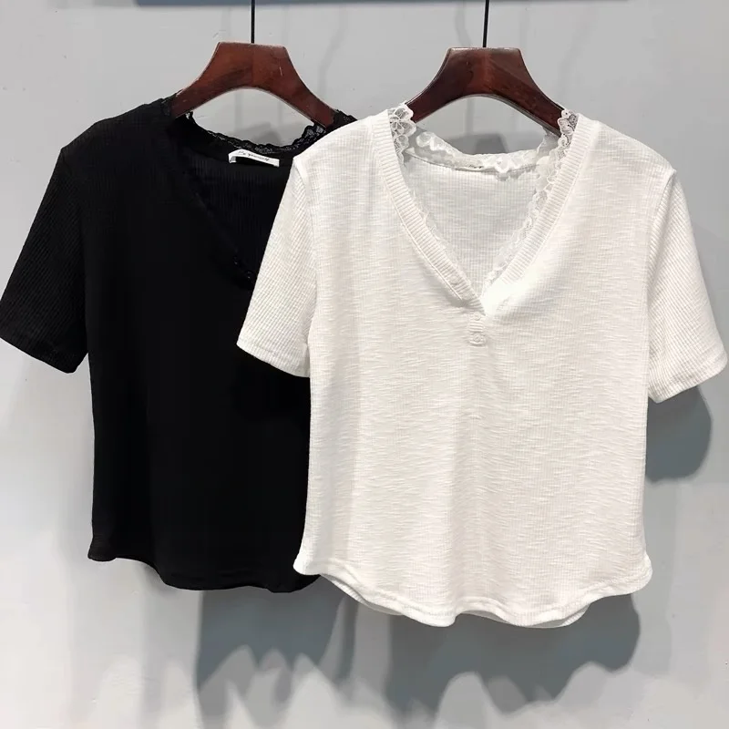 Retro Korean Style Short Sleeve T-Shirt Women's V-Neck Lace Trim Spring Summer New Style American Hot Girl Top Cotton Material
Retro Korean Style Short Sleeve T-Shirt Women's V-Neck Lace Trim Spring Summer New Style American Hot Girl Top Cotton Material