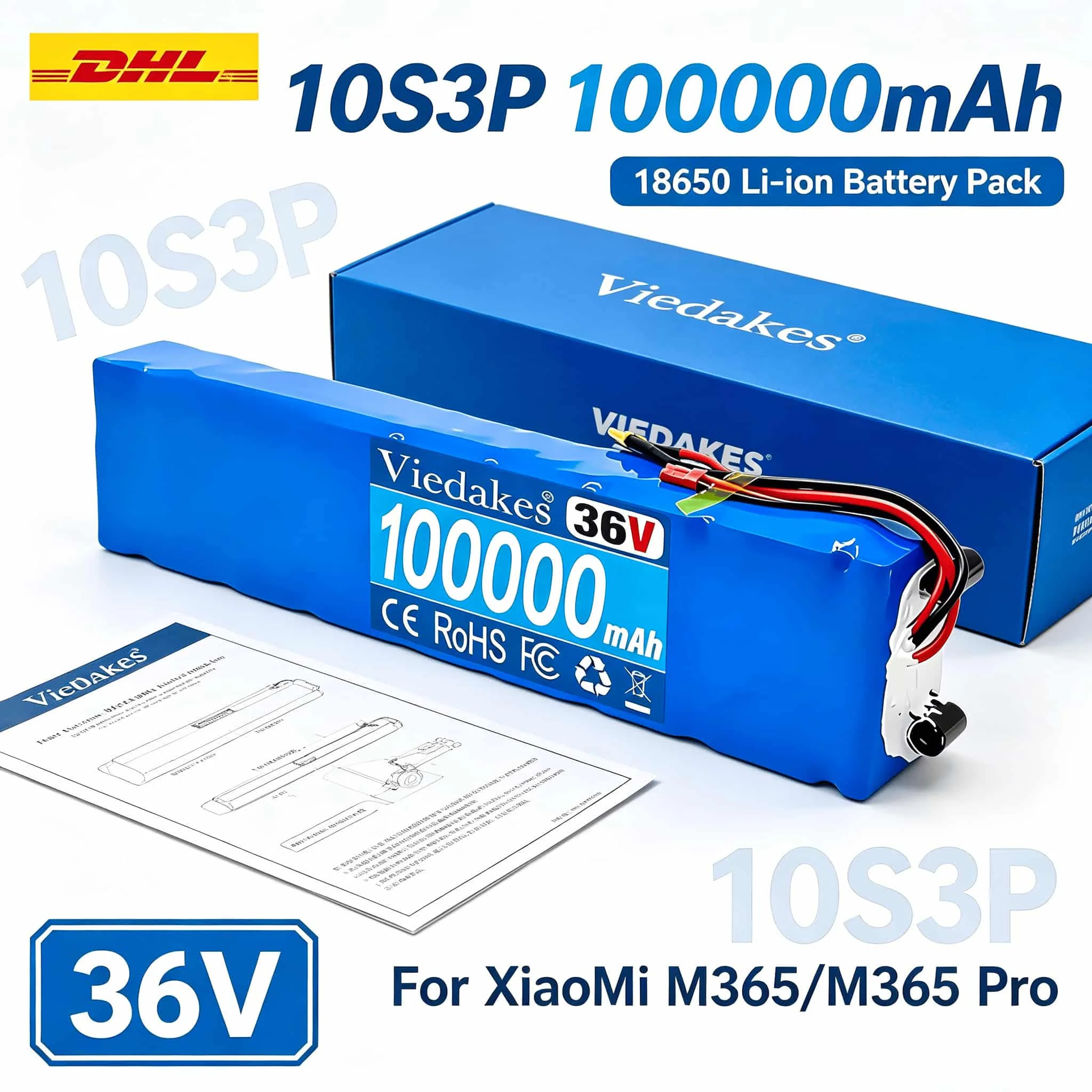 Replacement Scooter Battery 36V 100000mAh 10S3P VIEDAKES, Overcharge Protection for XiaoMi M365 Pro, Customizable Interface
Replacement Scooter Battery 36V 100000mAh 10S3P VIEDAKES, Overcharge Protection for XiaoMi M365 Pro, Customizable Interface