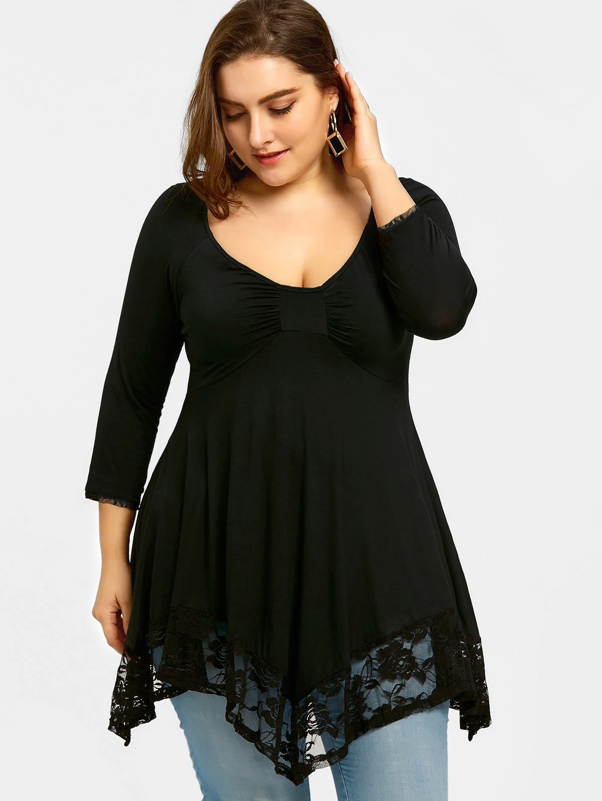 Plus Size Women's Tops Round Neck Long Sleeve Pure Color Lace Stitching Elegant T-Shirt
Plus Size Women's Tops Round Neck Long Sleeve Pure Color Lace Stitching Elegant T-Shirt