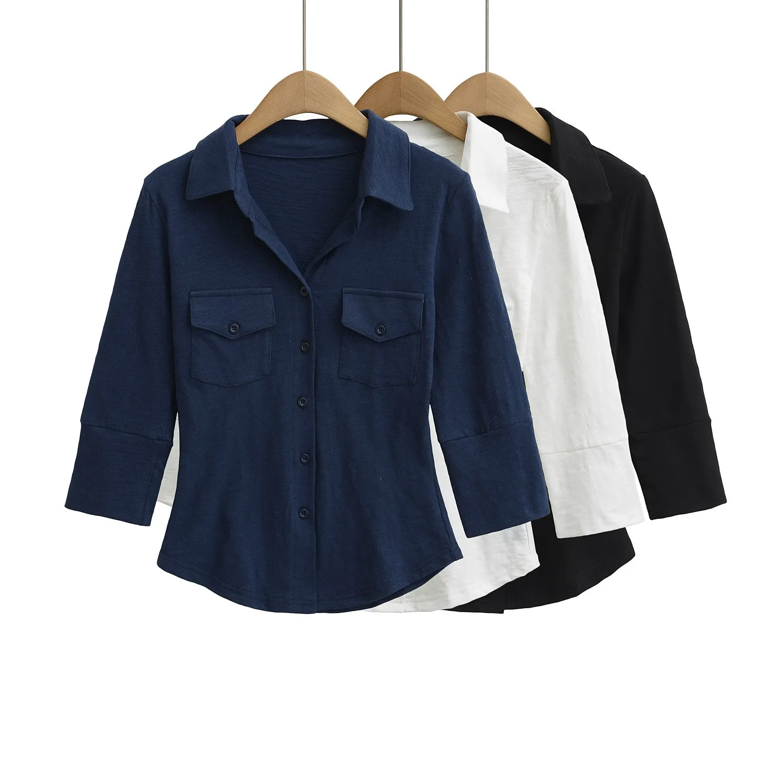 Women'/4 Sleeve Blouse Solid Color Double Chest Pocket Button Up Shirt Curved Hem Relaxed Fit Casual Top Navy Blue White
Women'/4 Sleeve Blouse Solid Color Double Chest Pocket Button Up Shirt Curved Hem Relaxed Fit Casual Top Navy Blue White