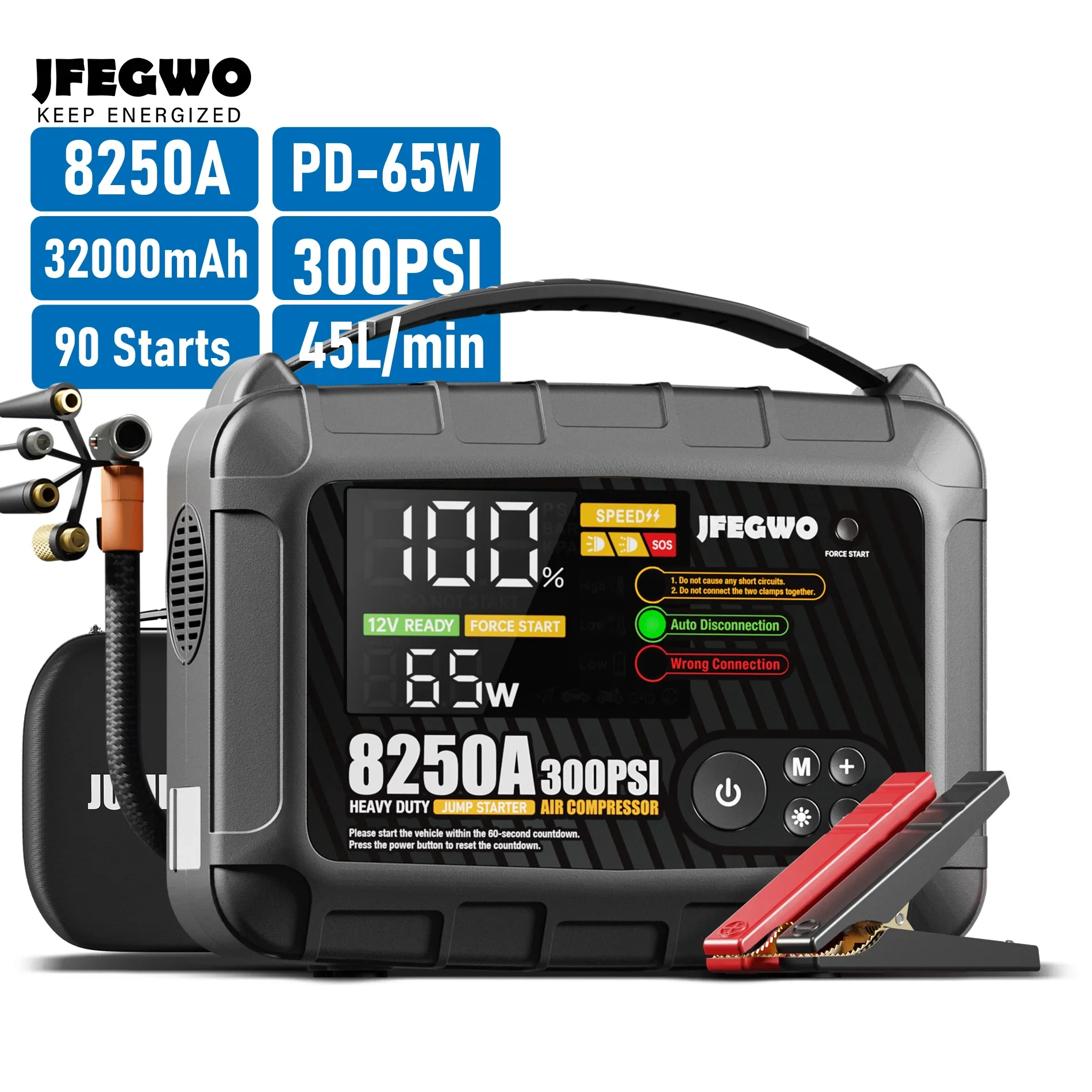 Factory Wholesales Jump Starter 8250A 12-volt 32000mAh Jump Starter with Air Compressor 300PSI Tire Inflato
Factory Wholesales Jump Starter 8250A 12-volt 32000mAh Jump Starter with Air Compressor 300PSI Tire Inflato