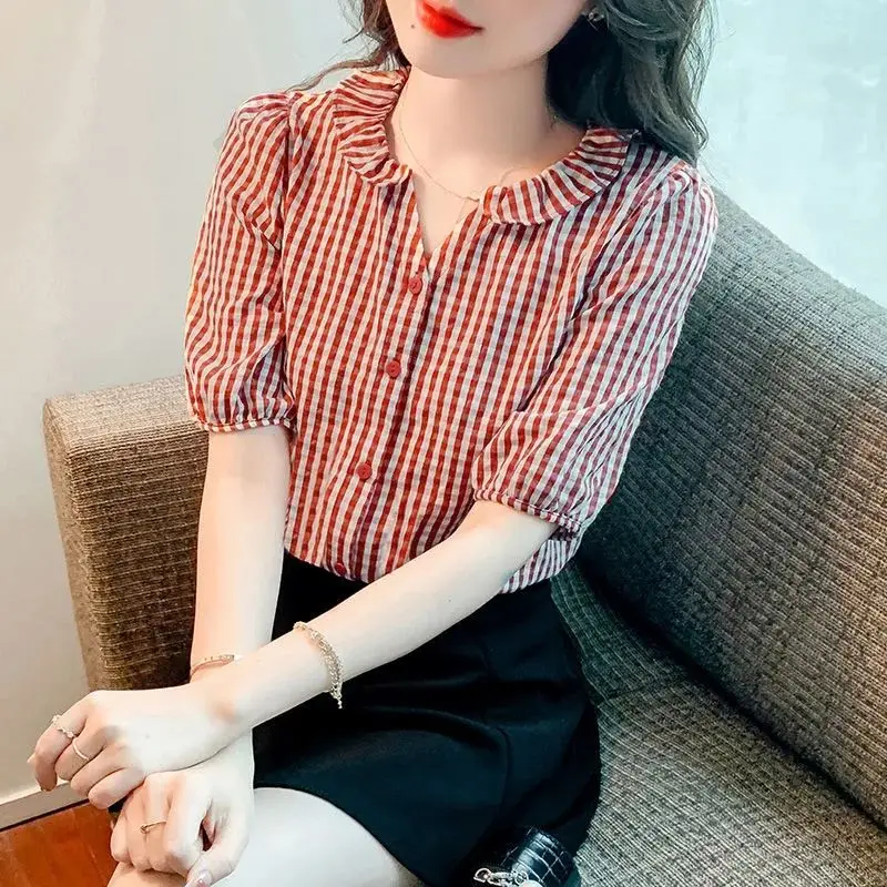 New Chiffon Checkered Blouse Short Sleeve Shirt-Ruffle Trim Loose Fit Tunic Top with Waist Tie & Tummy Control Casual Versatile
New Chiffon Checkered Blouse Short Sleeve Shirt-Ruffle Trim Loose Fit Tunic Top with Waist Tie & Tummy Control Casual Versatile