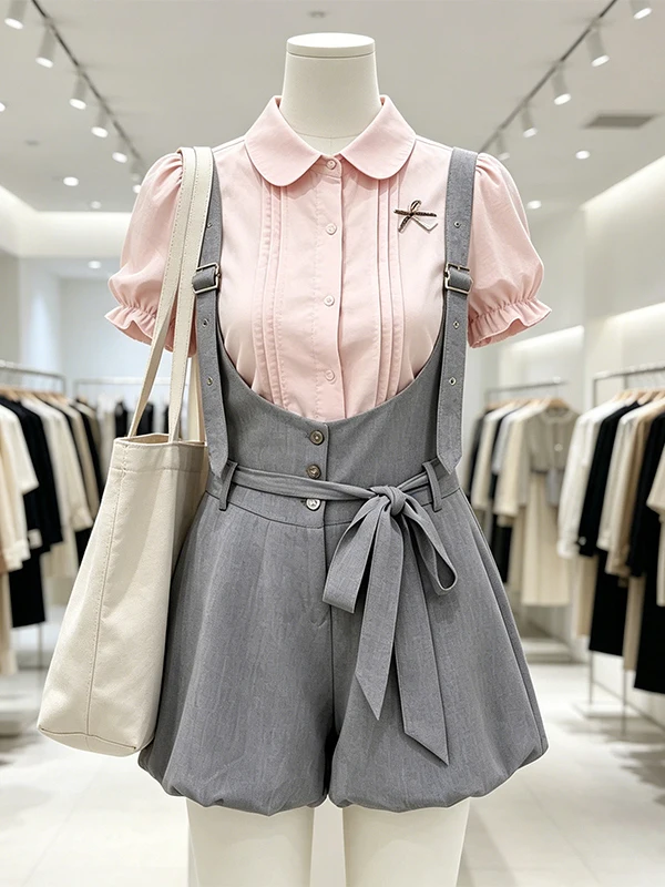 Large Size Women's Summer New Style Doll Collar Short Sleeve Shirt And Overalls Set High Waist Short Pants Commute Korean Style
Large Size Women's Summer New Style Doll Collar Short Sleeve Shirt And Overalls Set High Waist Short Pants Commute Korean Style