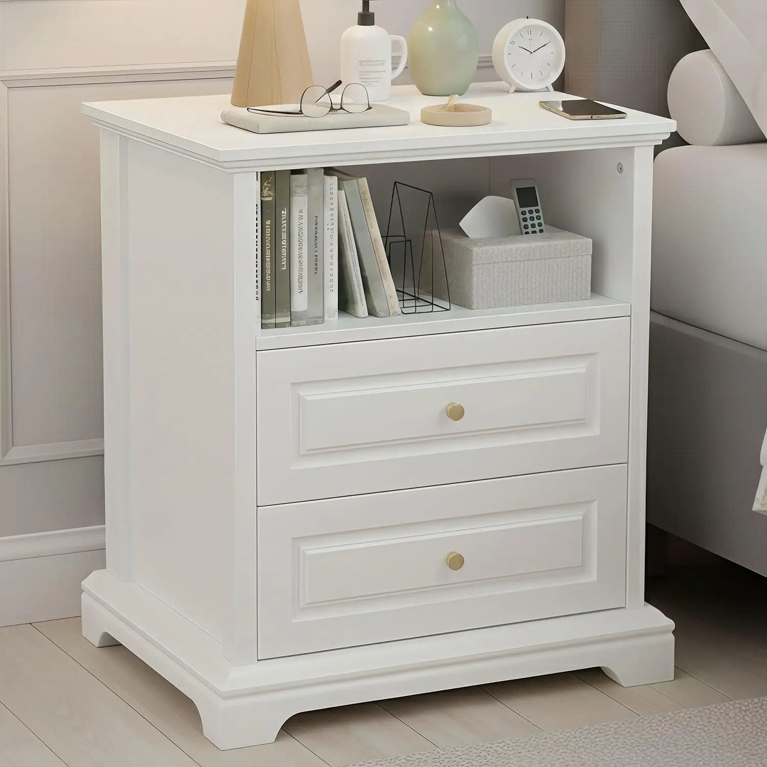 White Nightstand with 2 Drawers & Open Shelf, 21.2"x16.5"x24.0" Bedside Table with Gold Knobs, Modern End Table for, Customized
White Nightstand with 2 Drawers & Open Shelf, 21.2"x16.5"x24.0" Bedside Table with Gold Knobs, Modern End Table for, Customized