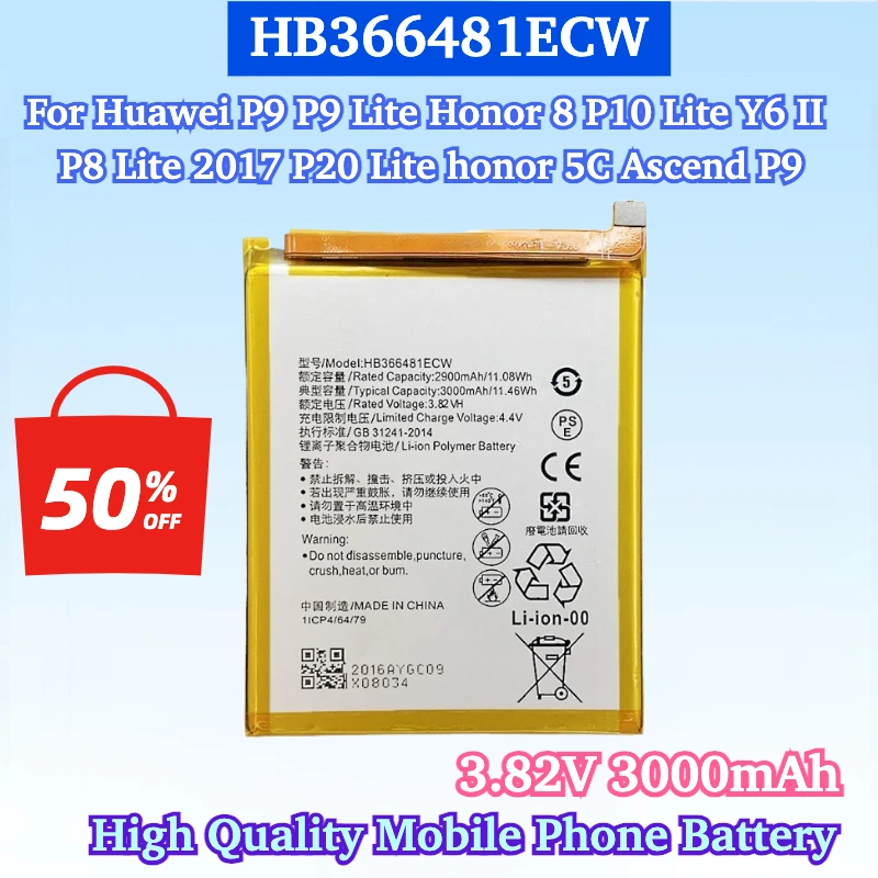 New HB366481ECW 3.82V 3000mAh Mobile Phone Battery for Huawei P9 P9 Lite Honor 8 P10 Lite Y6 II P8 2017 P20 honor 5C Ascend P9
New HB366481ECW 3.82V 3000mAh Mobile Phone Battery for Huawei P9 P9 Lite Honor 8 P10 Lite Y6 II P8 2017 P20 honor 5C Ascend P9