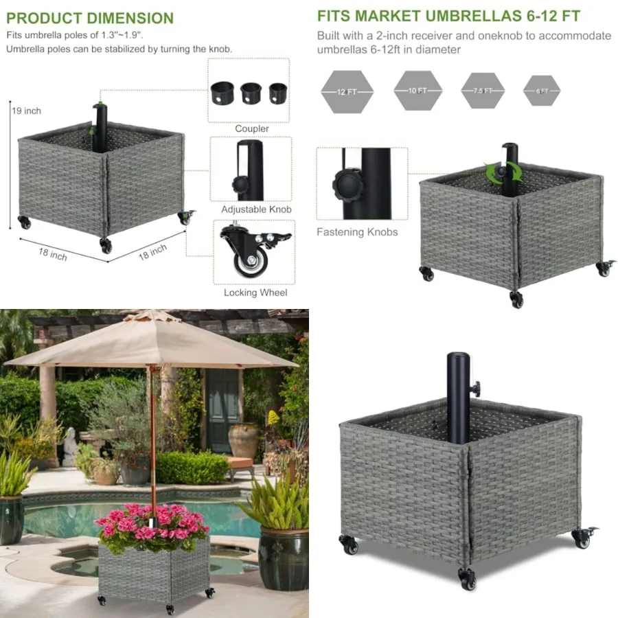 Outdoor Umbrella Base with Fillable Planter Box Heavy Duty Patio Umbrella Stand with 4 Wheels Rolling Umbrella Holder for Outdo
Outdoor Umbrella Base with Fillable Planter Box Heavy Duty Patio Umbrella Stand with 4 Wheels Rolling Umbrella Holder for Outdo
