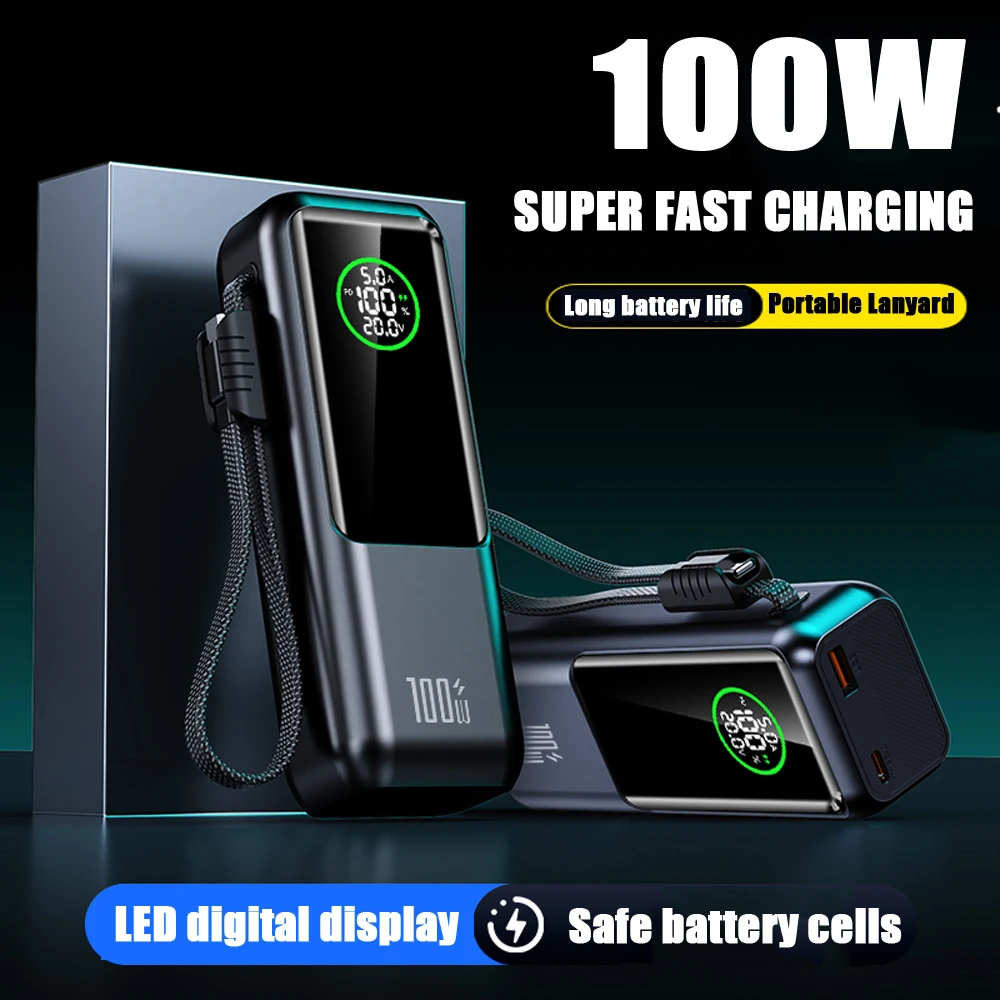 100W Powerbank 20000mAh High Capacity Fast Charging External Battery Built-in Cable Portable Power Bank for Laptop Tablet Phone
100W Powerbank 20000mAh High Capacity Fast Charging External Battery Built-in Cable Portable Power Bank for Laptop Tablet Phone