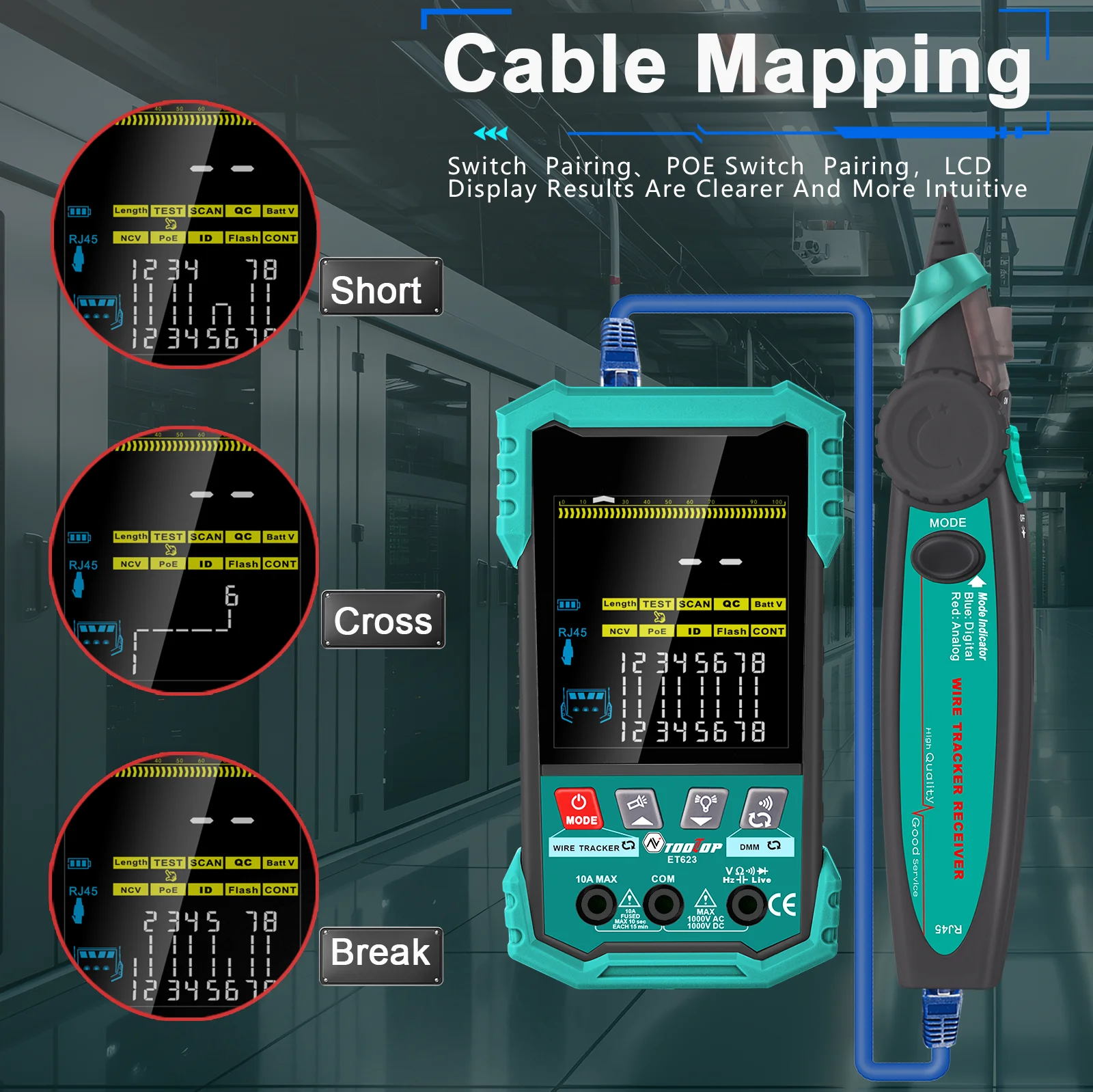 TOOLTOP ,ET623 Multifunctional 400M Network Cable Tester ,POE Test ,LAN Cable Mapping Multimeter NCV Telephone Line Tracker Tool
