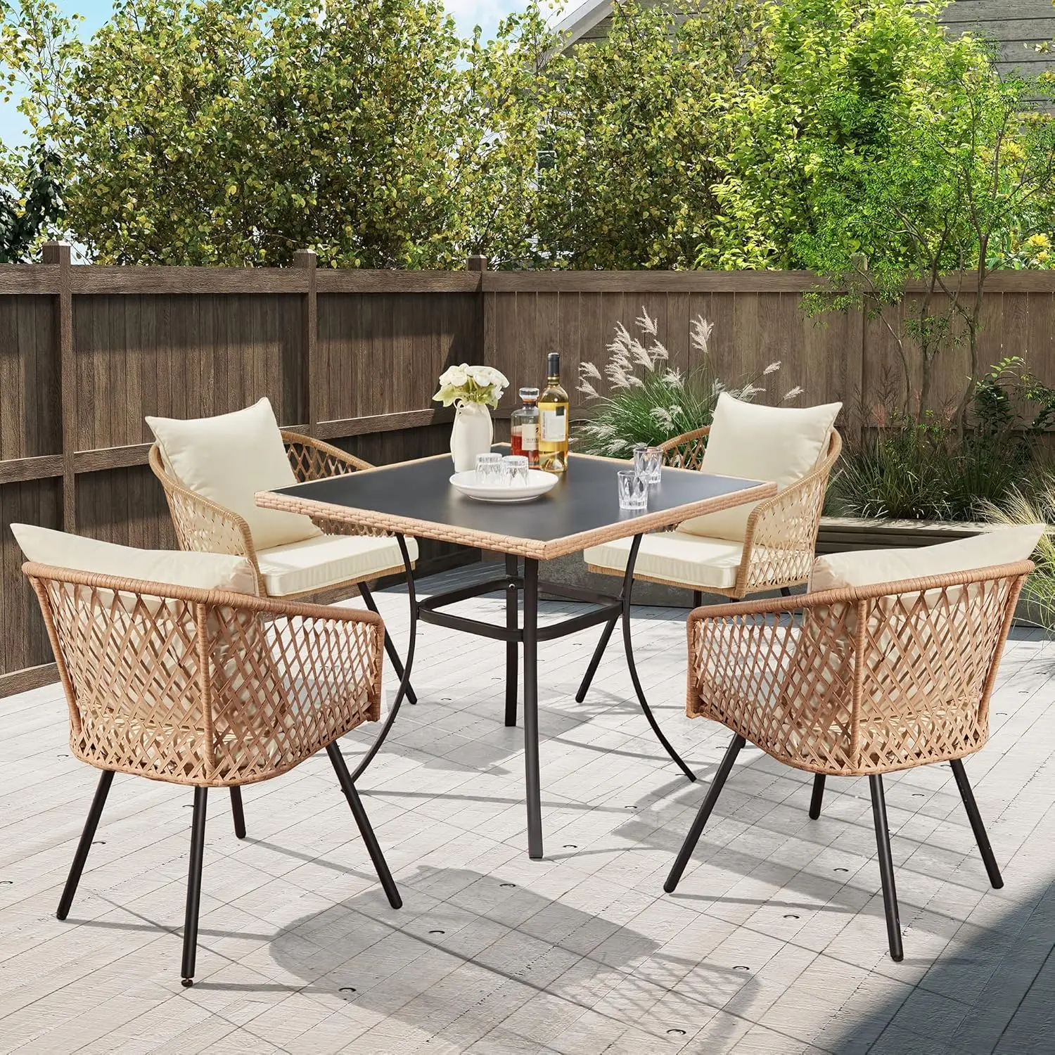 5-Piece Outdoor Dining Table Chair Set All-Weather Wicker Dining Set for 4 4 Cushioned Chairs Glass Table for Garden Deck Backya
5-Piece Outdoor Dining Table Chair Set All-Weather Wicker Dining Set for 4 4 Cushioned Chairs Glass Table for Garden Deck Backya