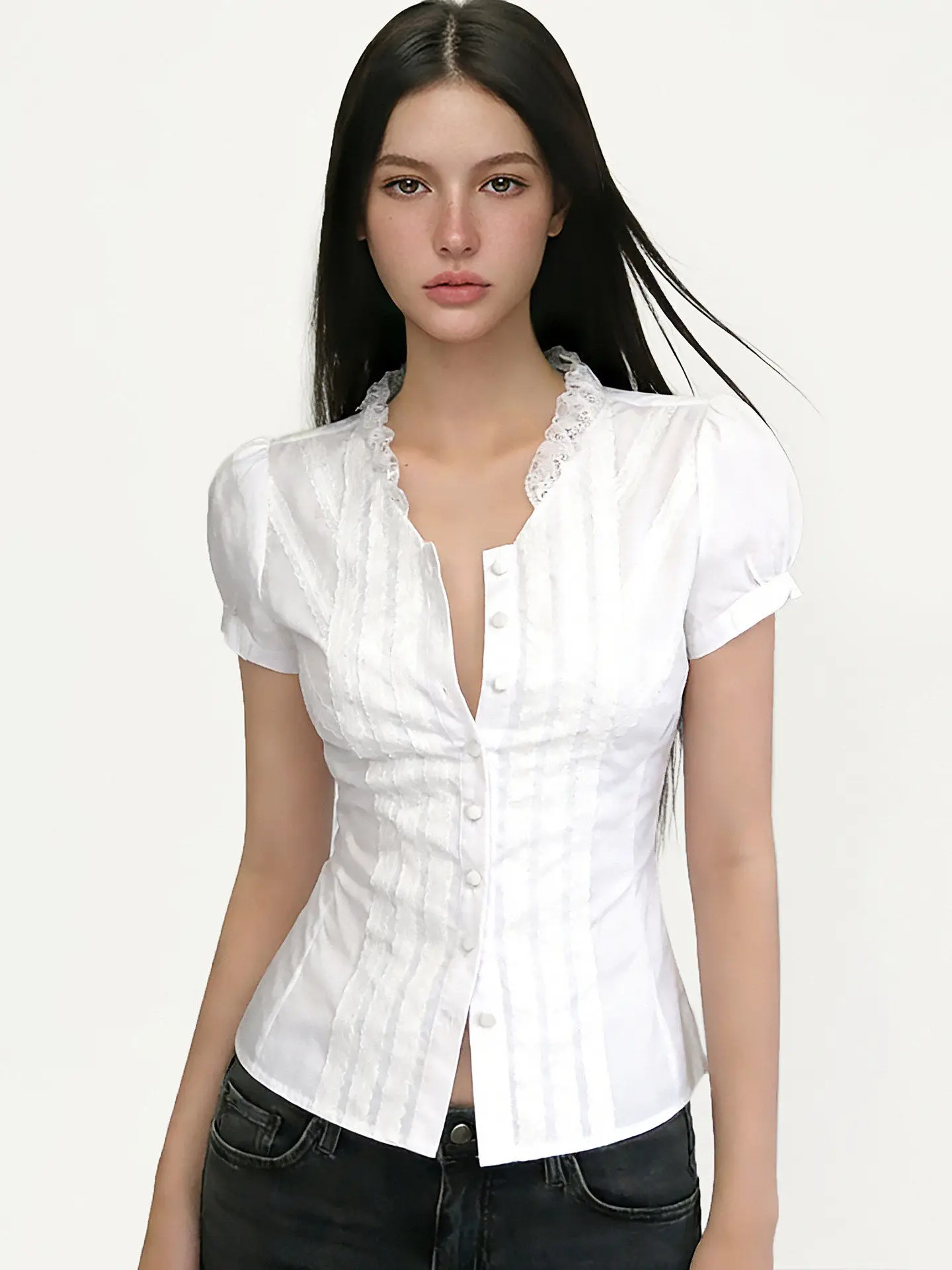 Fff Vintage White Lace V-ne Bubble Sve irt Slim Fit ort Sve Top Waist-cinching Versatile Cotton Summer T-irt
Fff Vintage White Lace V-ne Bubble Sve irt Slim Fit ort Sve Top Waist-cinching Versatile Cotton Summer T-irt