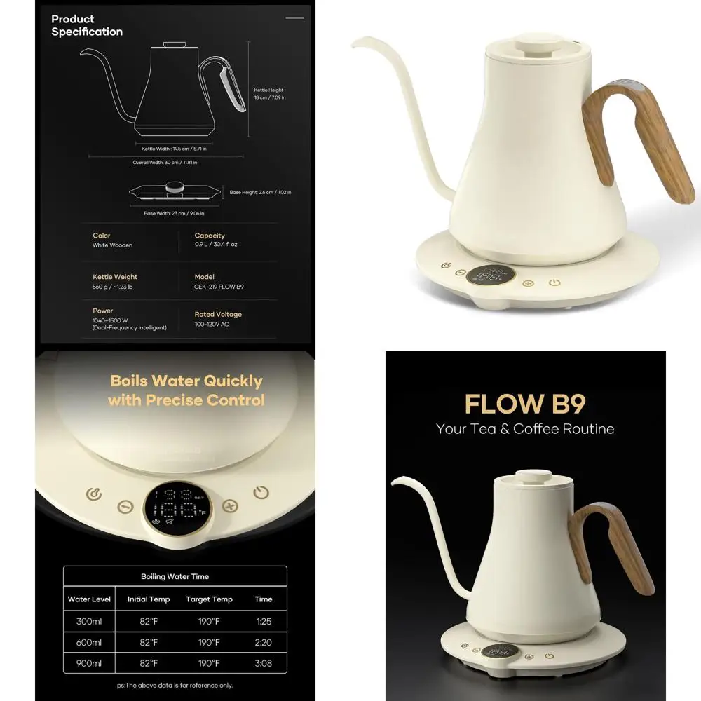 Электрический чайник на гибкой стойке с точным контролем температуры для кофе и чая, внутренние из нержавеющей стали, быстрый нагрев, емкость 0,9 л, Morandi
Электрический чайник на гибкой стойке с точным контролем температуры для кофе и чая, внутренние из нержавеющей стали, быстрый нагрев, емкость 0,9 л, Morandi