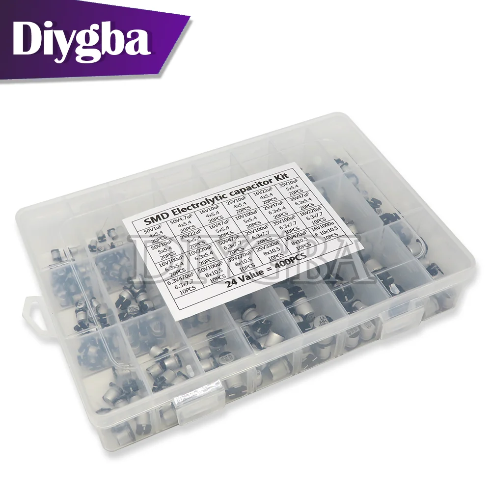 400PCS (24 Value) SMD Aluminum Electrolytic Capacitors 1uF~1000uF 6.3V-50V Assortment Kit With Box
400PCS (24 Value) SMD Aluminum Electrolytic Capacitors 1uF~1000uF 6.3V-50V Assortment Kit With Box