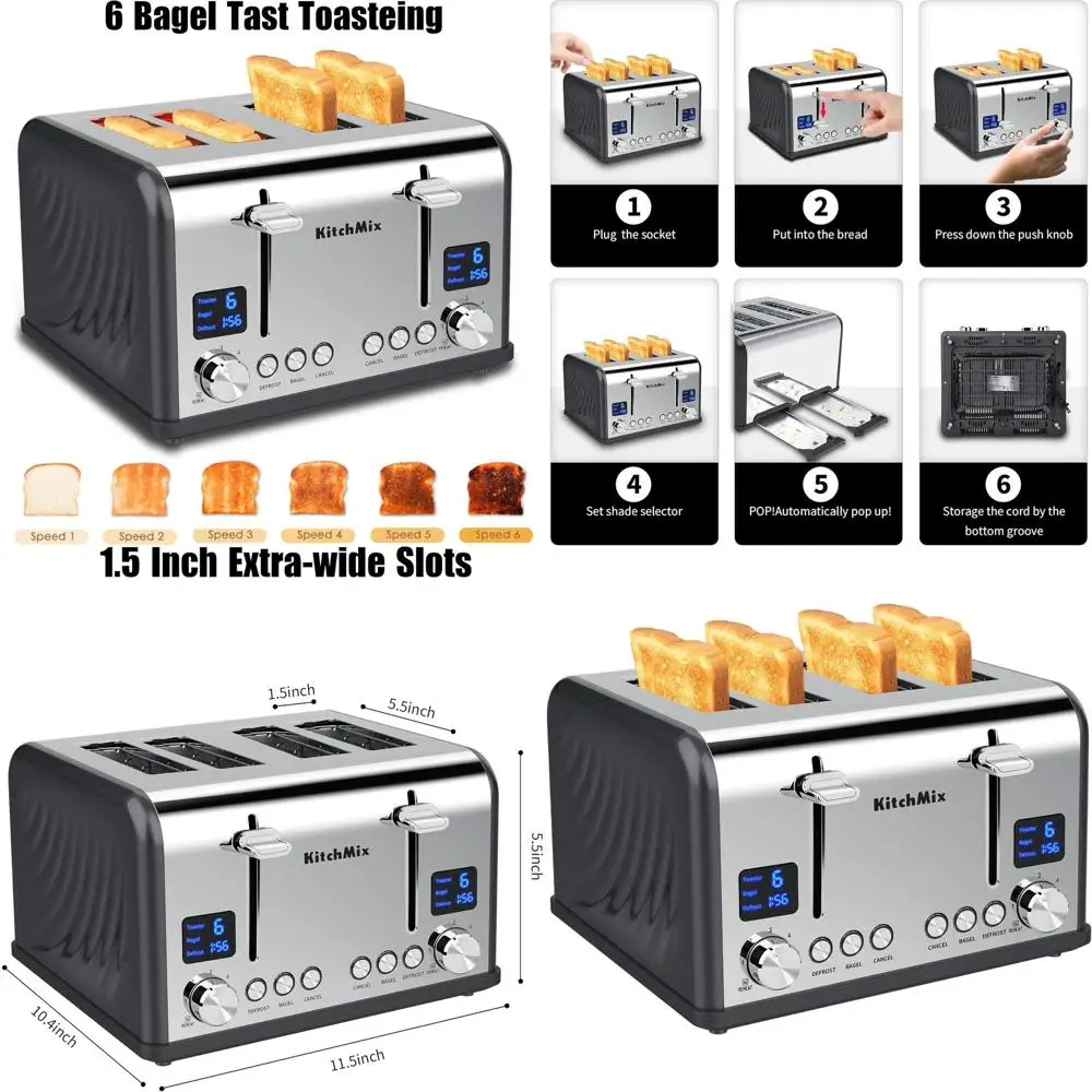 4-Slice Bagel Toaster with LCD Timer, Stainless Steel, Wide Slots, Dual Display, Removable Crumb Tray (Gray)
4-Slice Bagel Toaster with LCD Timer, Stainless Steel, Wide Slots, Dual Display, Removable Crumb Tray (Gray)