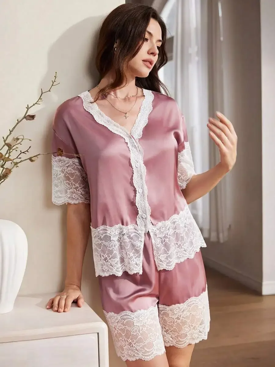 Womens Satin Lace Trim Pajama Set With V-Neck Top And Shorts
Womens Satin Lace Trim Pajama Set With V-Neck Top And Shorts