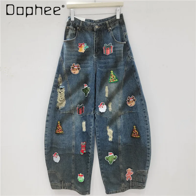 American Retro Spice Girl Style Design Sense Ripped Cartoon Sticker Jeans Women's High Waist Thin Scimitar Wide Leg Pants
American Retro Spice Girl Style Design Sense Ripped Cartoon Sticker Jeans Women's High Waist Thin Scimitar Wide Leg Pants