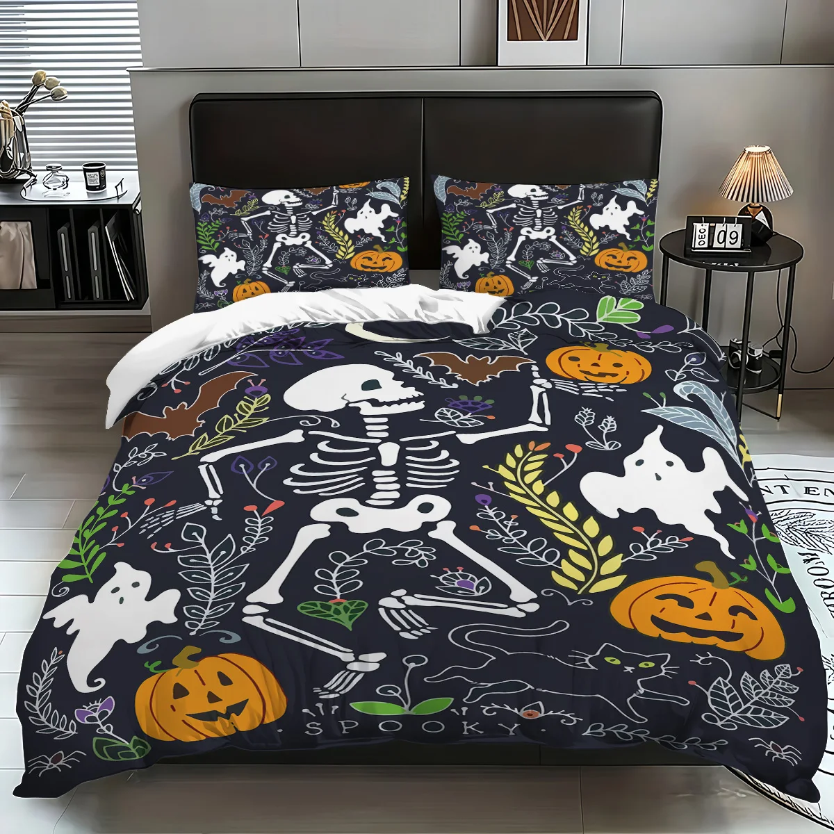3-piece Halloween skeleton pattern, 1 Quill cover+2 pillowcases, coreless, soft and comfortable quill cover set
3-piece Halloween skeleton pattern, 1 Quill cover+2 pillowcases, coreless, soft and comfortable quill cover set