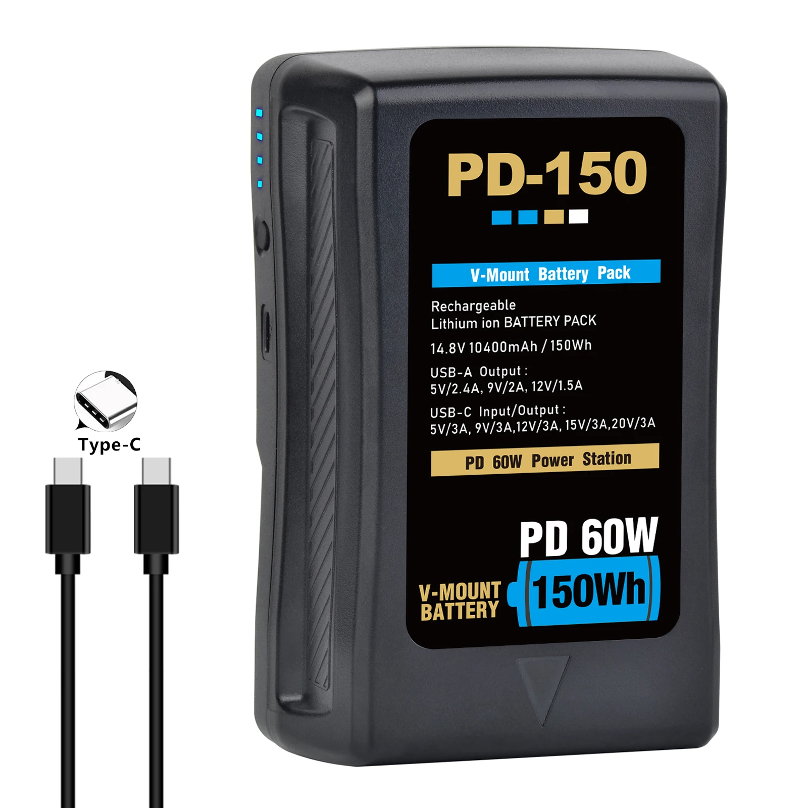 PD-150 150Wh V-Mount Battery 14.8V 10400mAh PD 60W with Type-C Cable for Sony Camcorder Broadcast Video Camera Video Light
PD-150 150Wh V-Mount Battery 14.8V 10400mAh PD 60W with Type-C Cable for Sony Camcorder Broadcast Video Camera Video Light