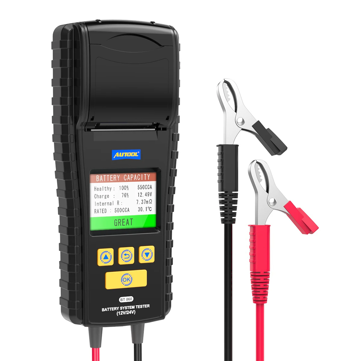 AUTOOL BT860 Тестер автомобильного аккумулятора Автомобильное зарядное устройство 24 В 12 В Тест зарядки аккумулятора грузовика с обзором данных принтера
AUTOOL BT860 Тестер автомобильного аккумулятора Автомобильное зарядное устройство 24 В 12 В Тест зарядки аккумулятора грузовика с обзором данных принтера