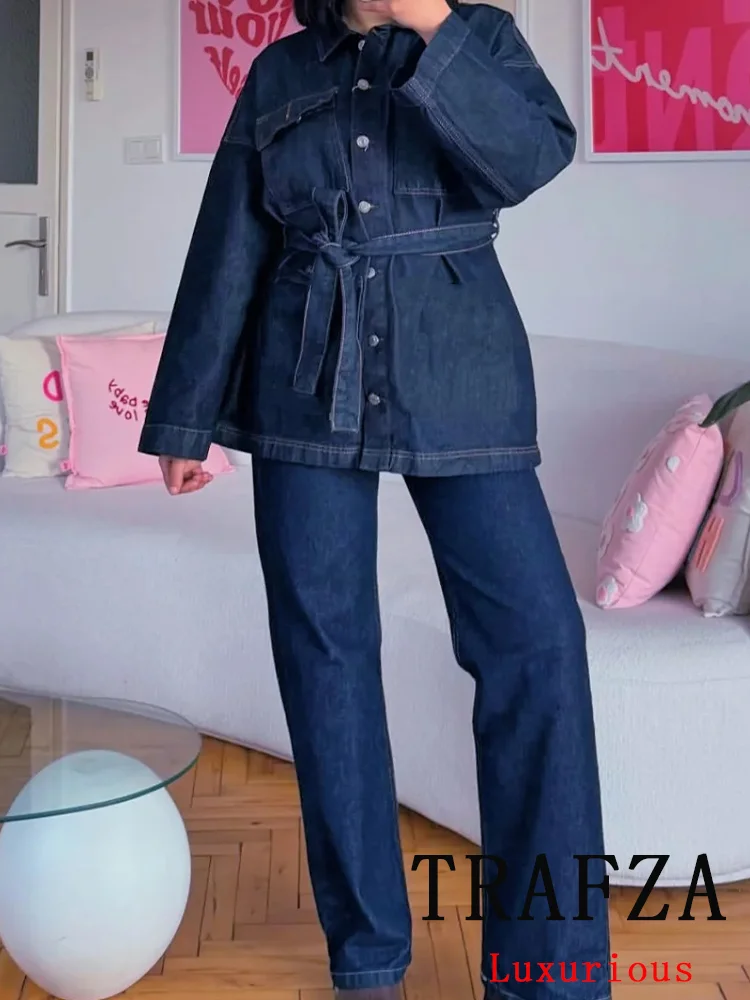 TRAFZA Vintage Casual Chic Women Cowboy Suit Single Breasted Sashes Loose Jackets Long Pants Fashion 2025 Spring Summer Suits
TRAFZA Vintage Casual Chic Women Cowboy Suit Single Breasted Sashes Loose Jackets Long Pants Fashion 2025 Spring Summer Suits