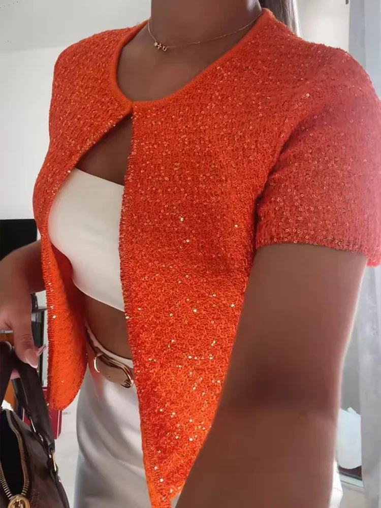 Elegant Sequined Orange Cardigans Women Y2k O-neck Short Sleeve One Button Female Tops 2025 Street Summer Lady Chic Knitwear
Elegant Sequined Orange Cardigans Women Y2k O-neck Short Sleeve One Button Female Tops 2025 Street Summer Lady Chic Knitwear
