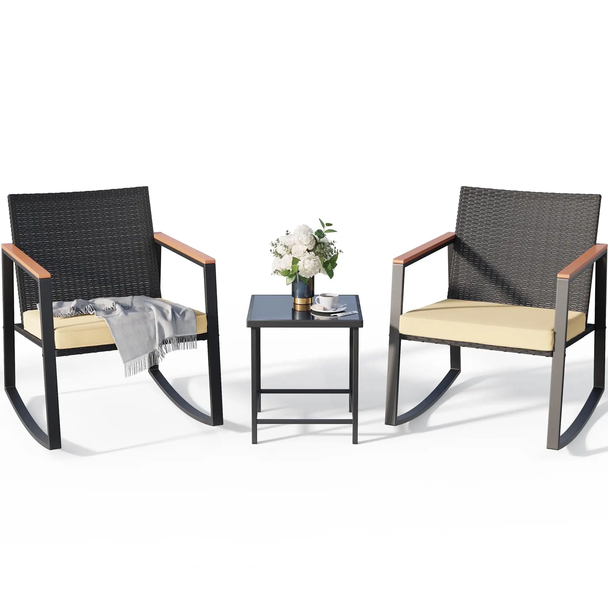 Patio Furniture Set with Tea Table 3 Pieces Outdoor Wicker Rocking Chairs Set for Porch & Garden, Beige Cushion
Patio Furniture Set with Tea Table 3 Pieces Outdoor Wicker Rocking Chairs Set for Porch & Garden, Beige Cushion