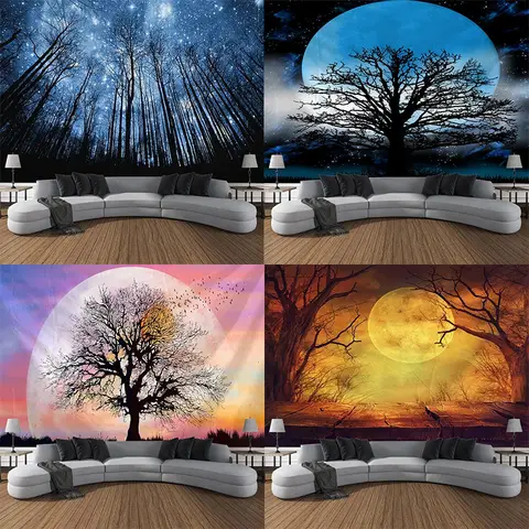 Decoración para sala de estar, cielo estrellado, bosque, vista nocturna, paisaje lunar, arte de pared, tapiz para cortina, hogar y dormitorio