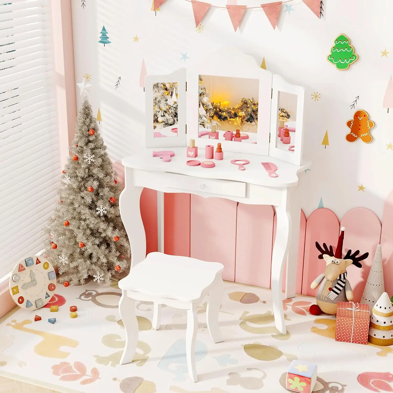 Kids Vanity, 2 In 1 Wooden Dressing Table And Chair Set With Tri-Folding Mirror, Stool, Storage Drawer, Toddlers Pretend Princ
Kids Vanity, 2 In 1 Wooden Dressing Table And Chair Set With Tri-Folding Mirror, Stool, Storage Drawer, Toddlers Pretend Princ